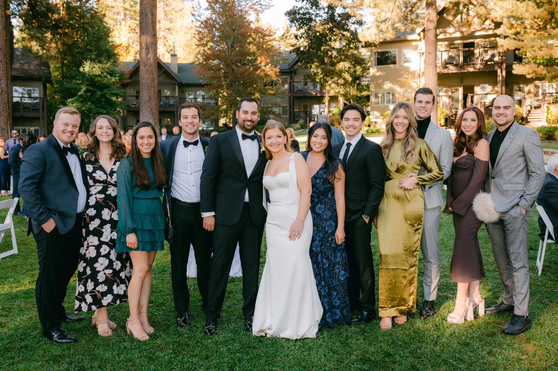 Hyatt Lake Tahoe wedding, photo of wedding couple with their friends