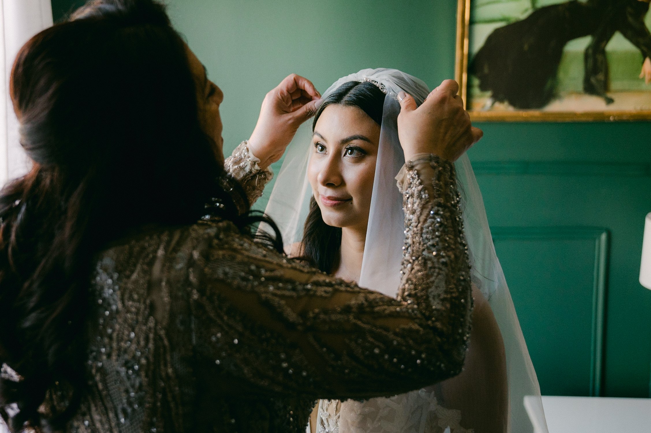 Brazilian Room Wedding in Berkeley, CA, photo of bride getting her veil on