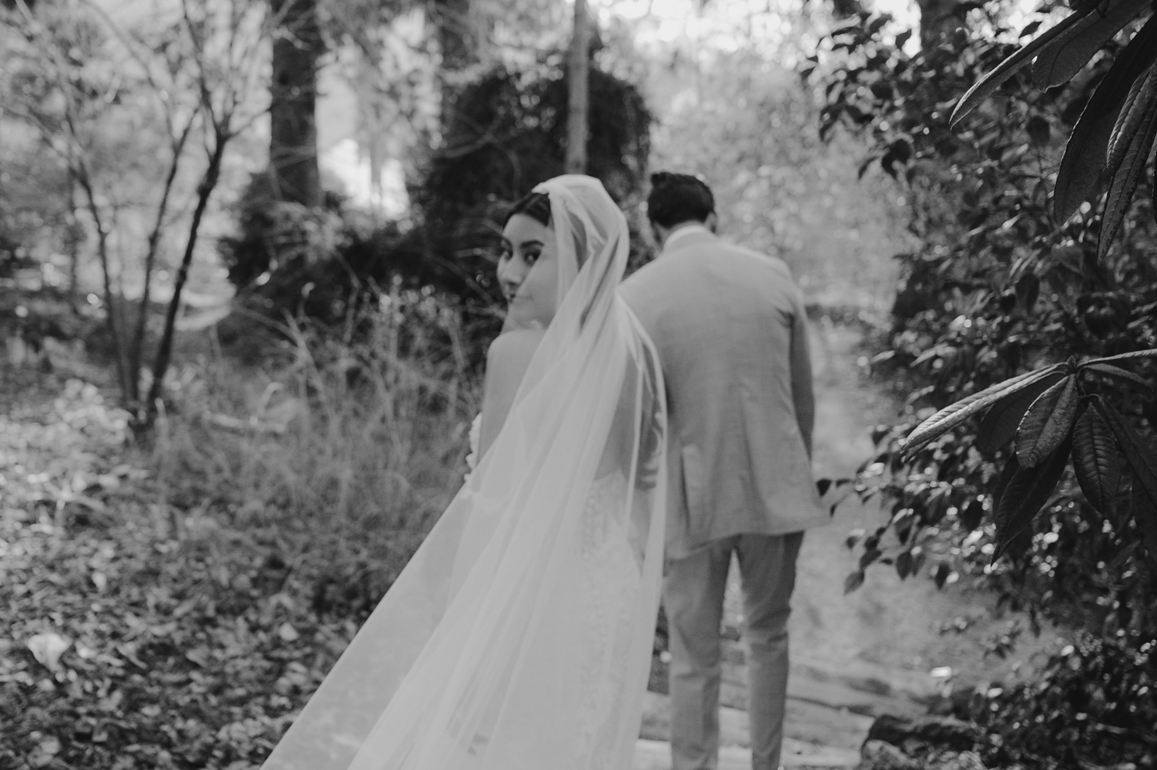 Brazilian Room Wedding in Berkeley, CA, photo of bride at a botanical garden with a film like edit