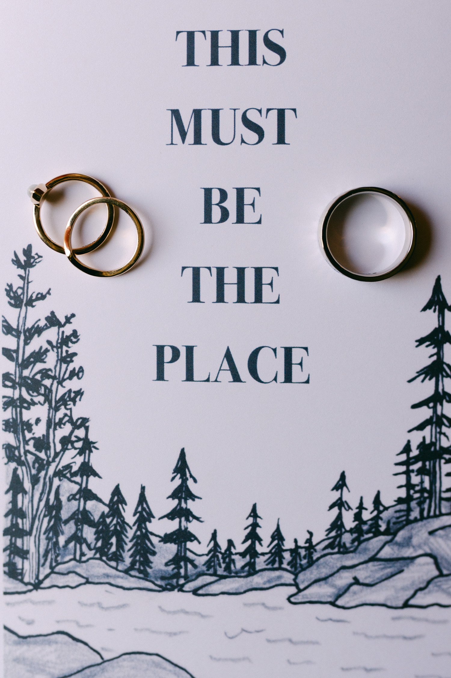 Desolation wilderness hotel wedding, photo of wedding rings on a wedding invitation 