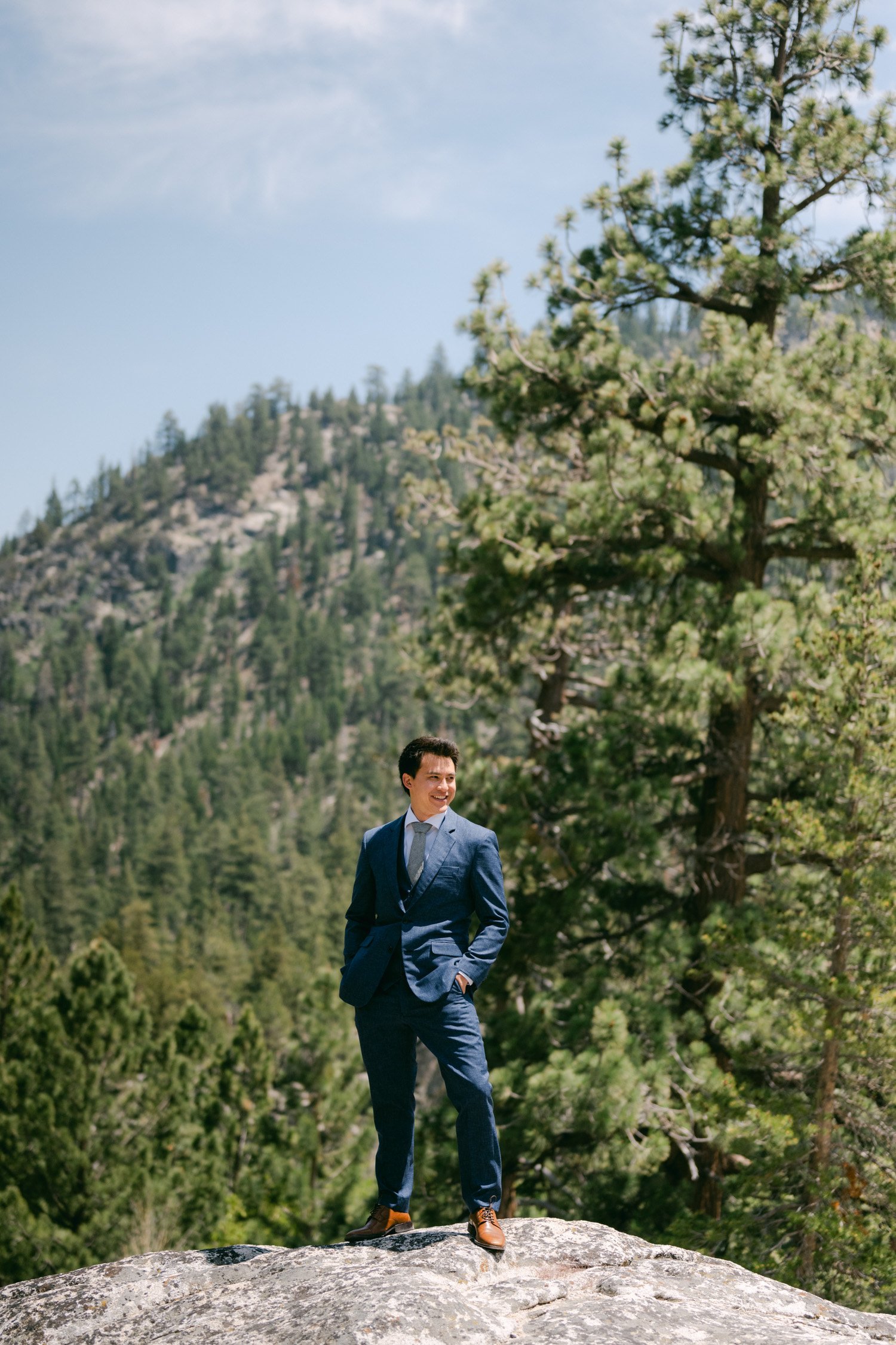 Desolation wilderness hotel wedding, photo of groom on a mountain in California 
