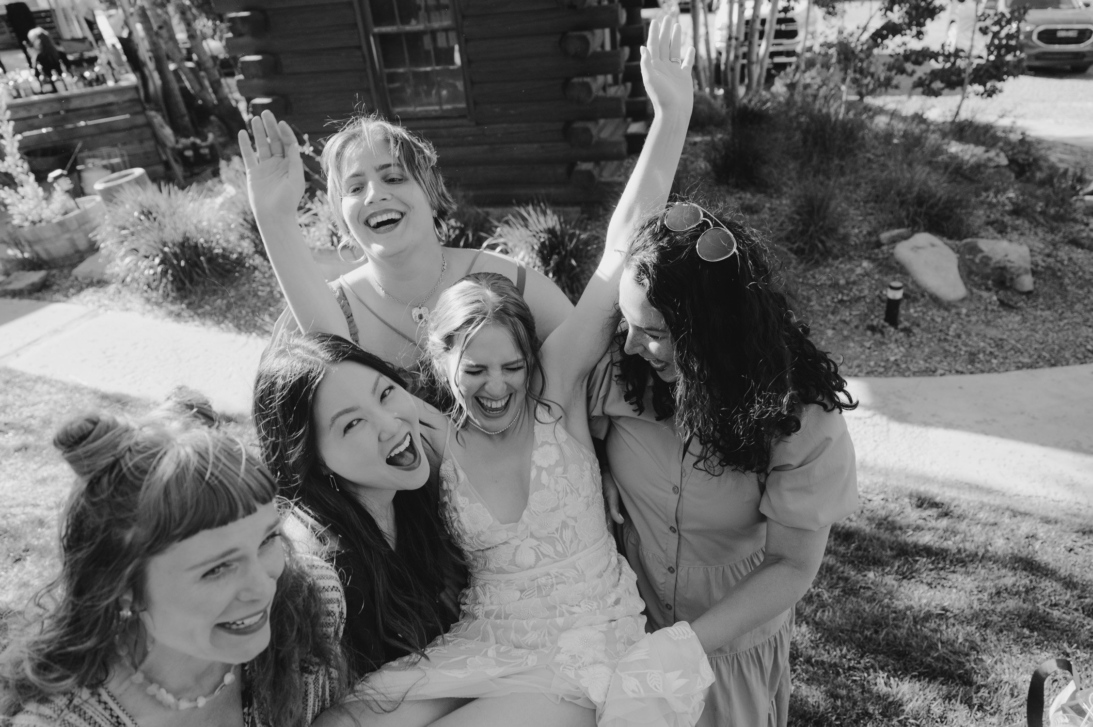 Desolation wilderness hotel wedding, photo of bride with her friends celebrating on her wedding day