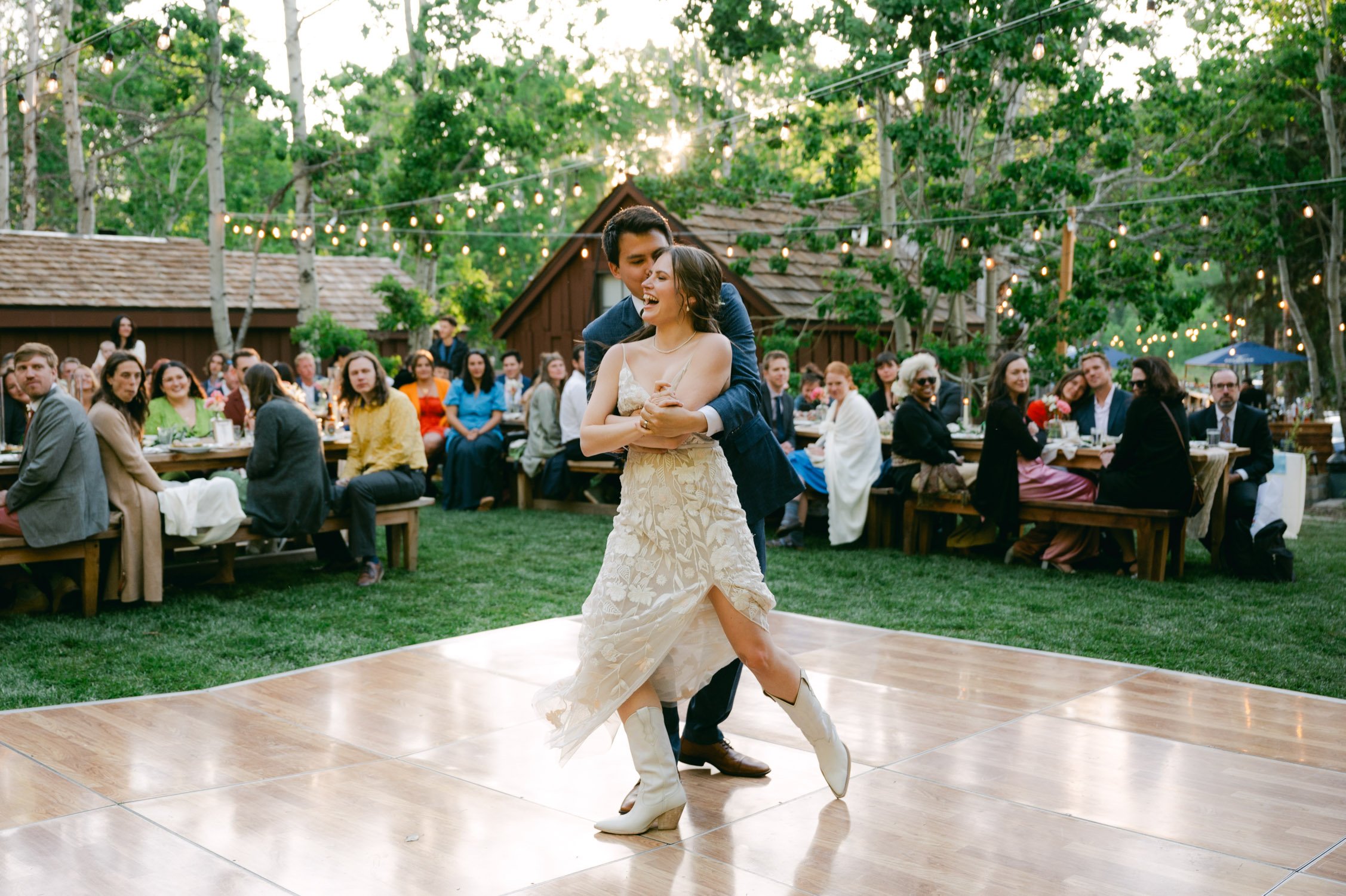 Desolation wilderness hotel wedding, photo of couple having their first dance as husband and wife