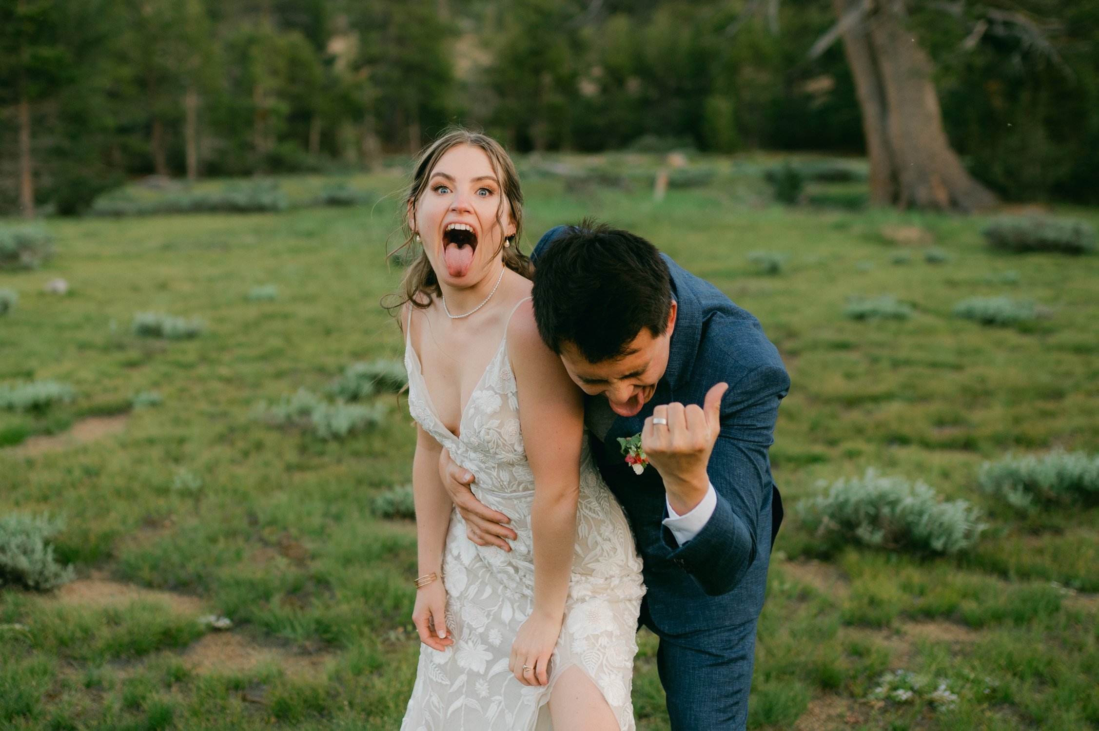 Desolation wilderness hotel wedding, photo of a fun couple during sunset