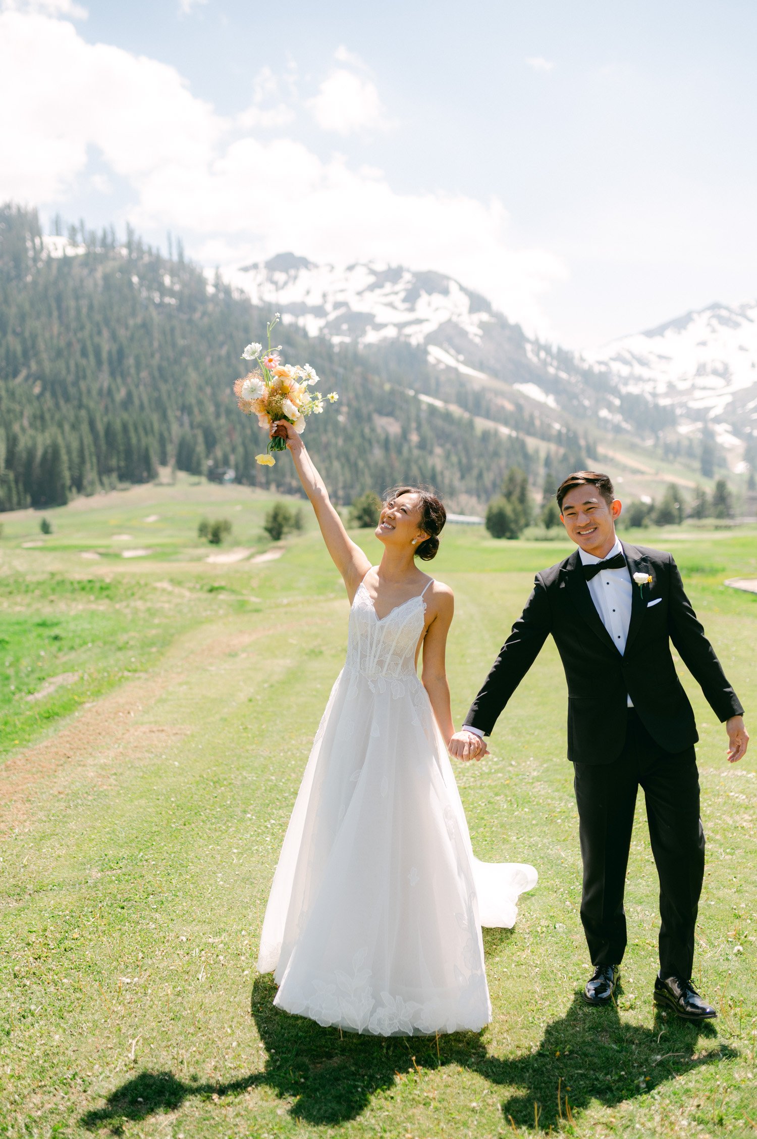 olympic valley stables wedding, photo of the couple before their wedding ceremony by the mountains