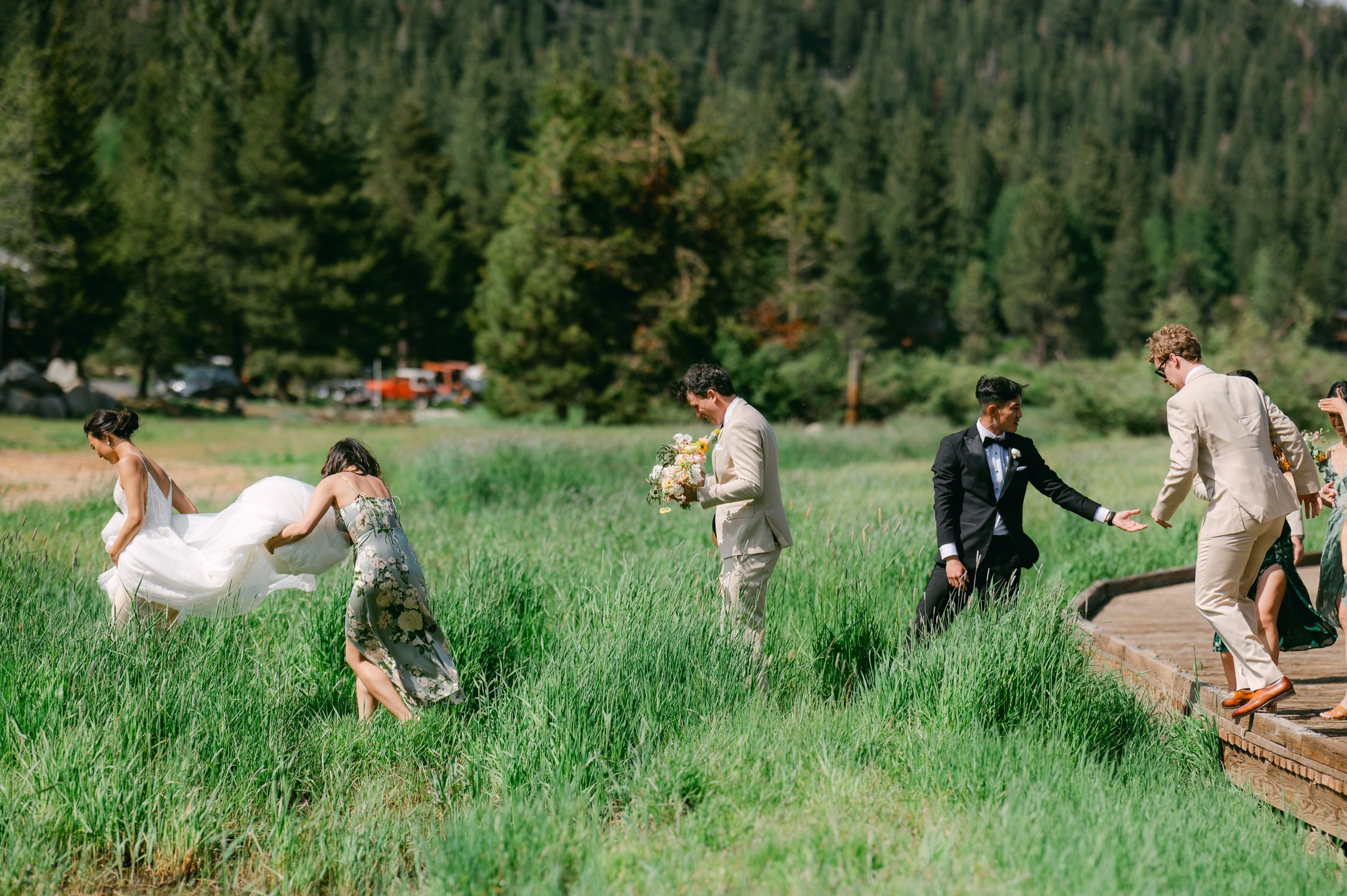olympic valley stables wedding, photo of the bridal party heading to the wedding ceremony