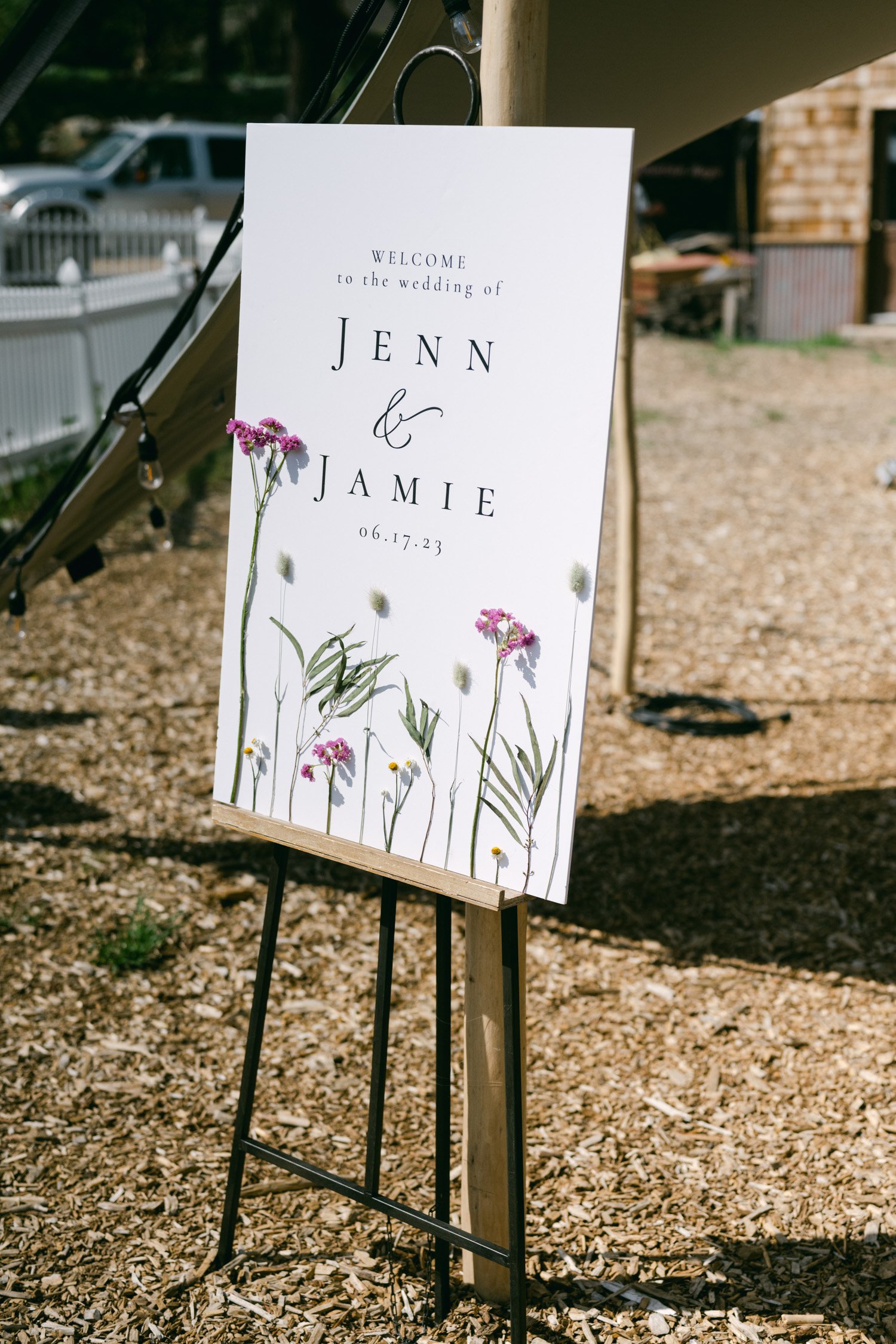 olympic valley stables wedding, photo of the wedding signage with dried flowers