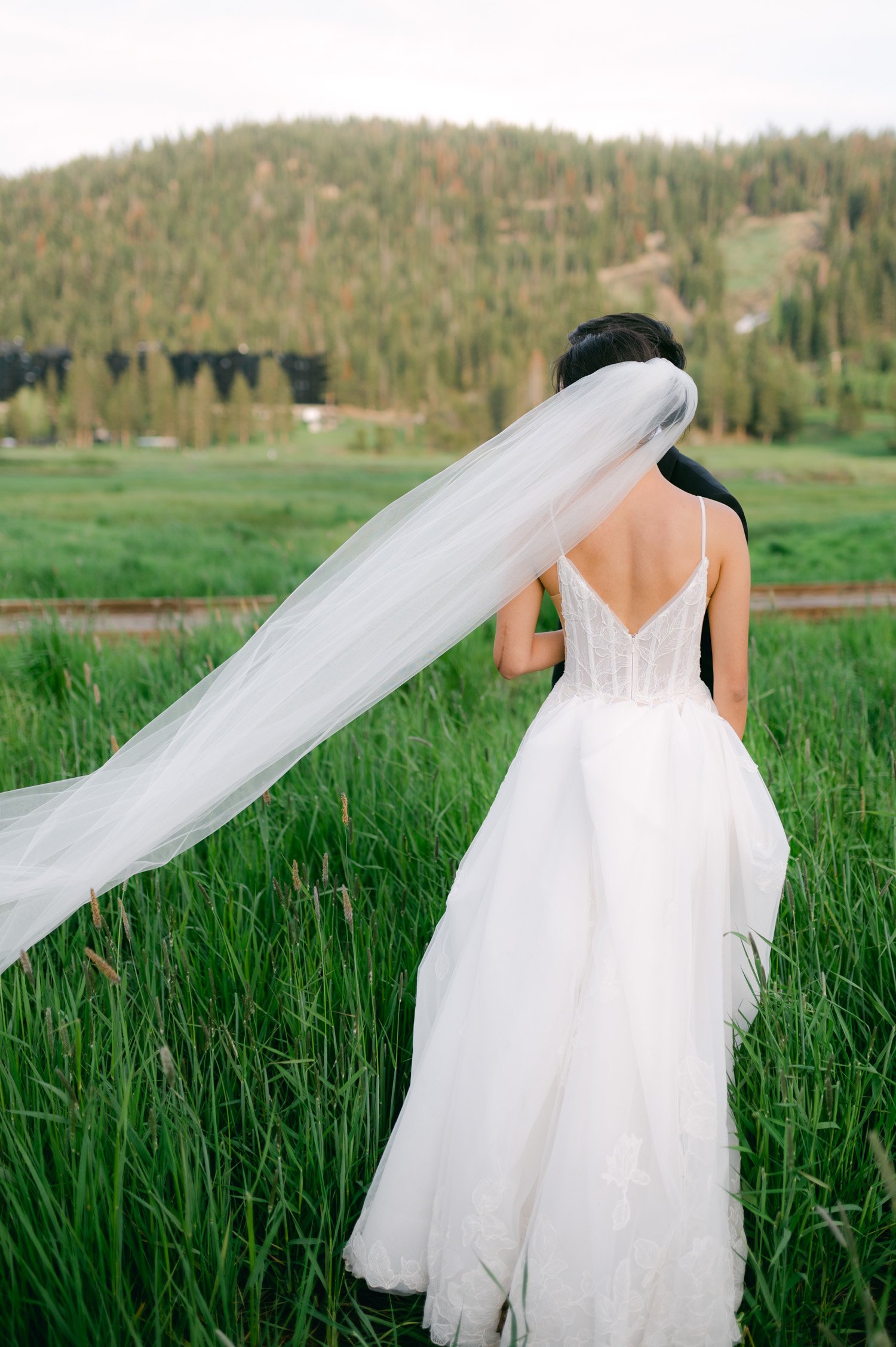olympic valley stables wedding, photo of the bride's dress and veil 