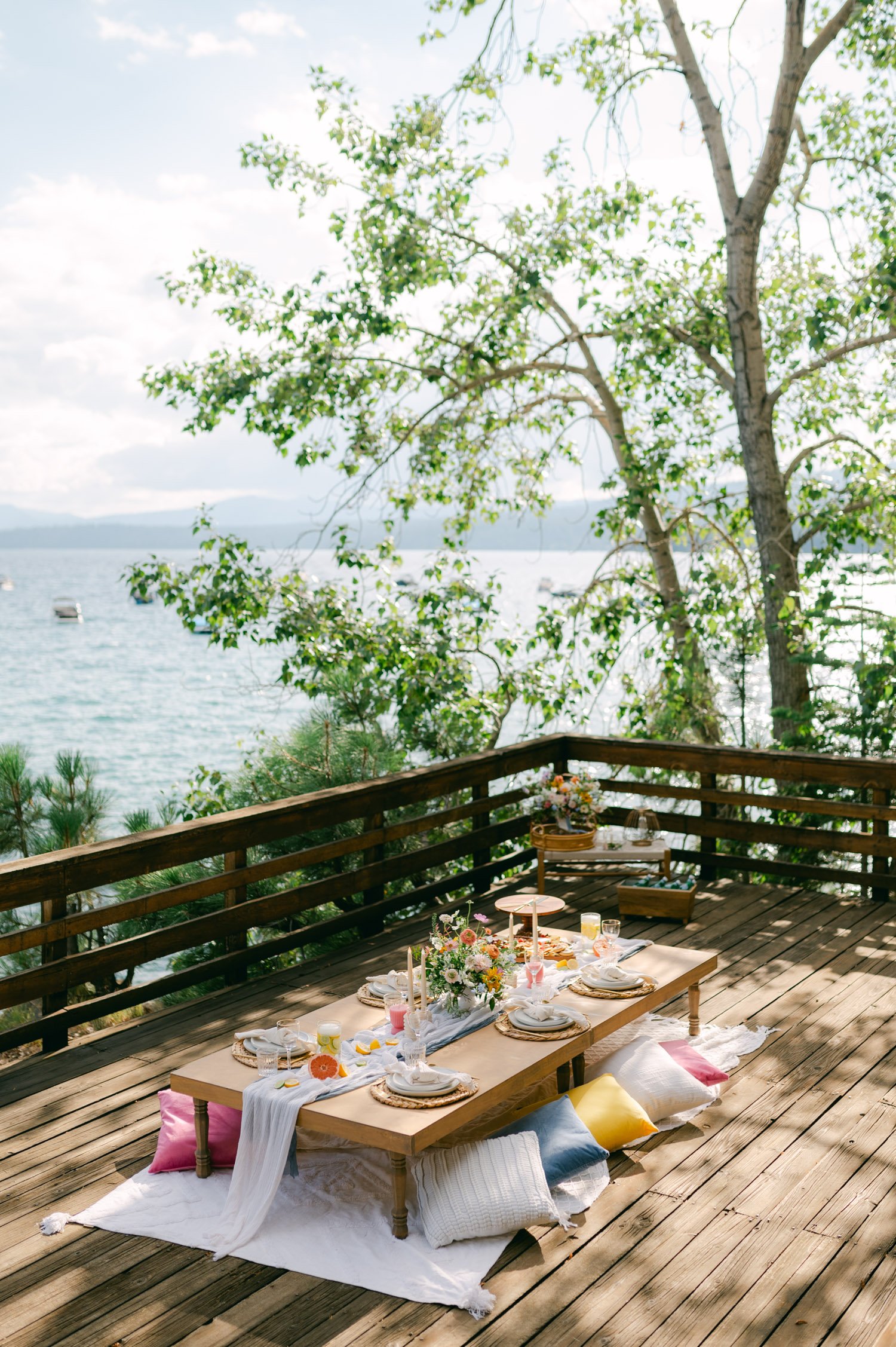 lake tahoe wedding, photo of outdoor wedding picinic set up by the lake