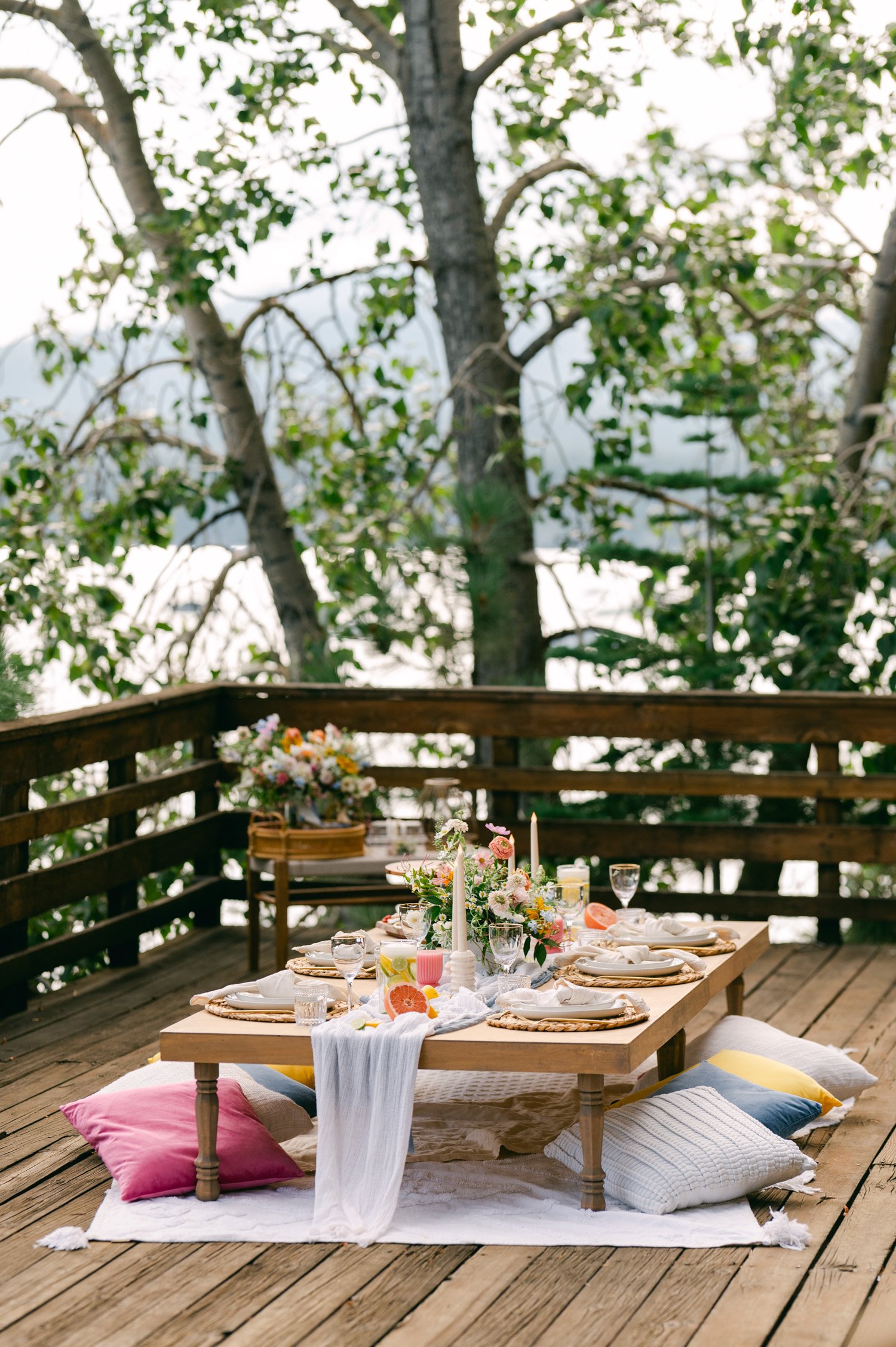 lake tahoe wedding, photo of a colorful outdoor picnic set up by the lake