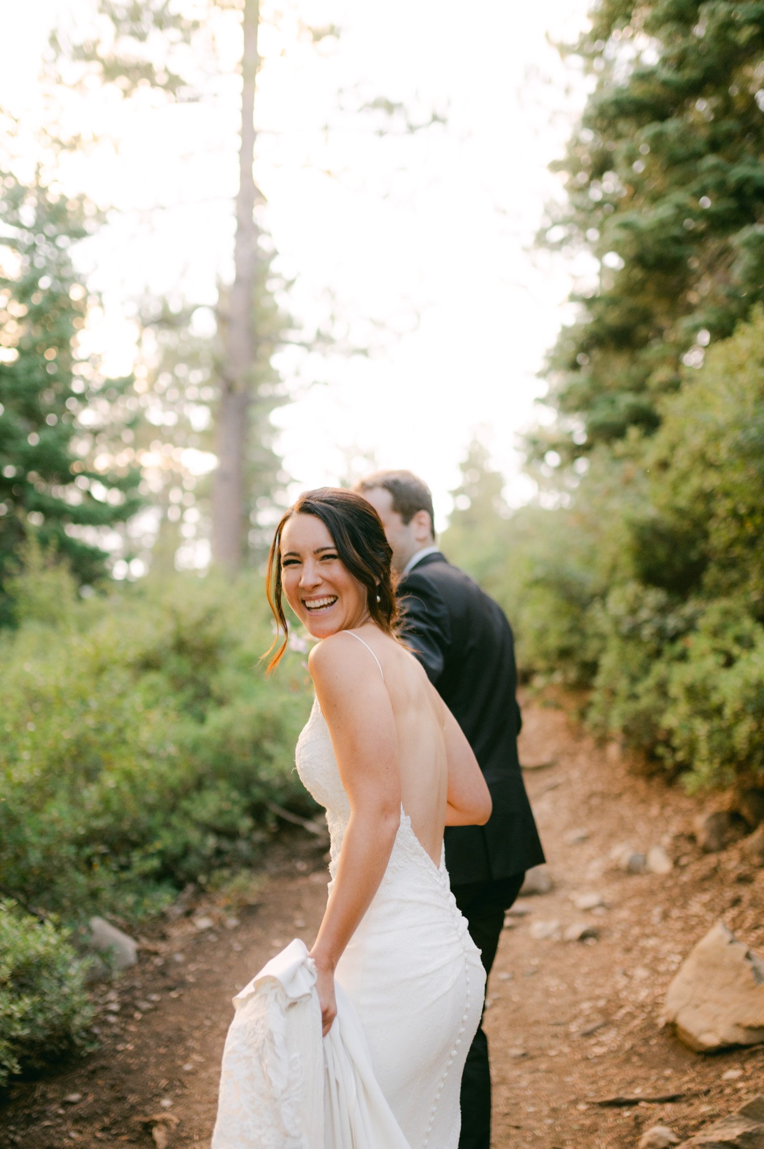 lake tahoe wedding, photo of the bride facing back towards the camera