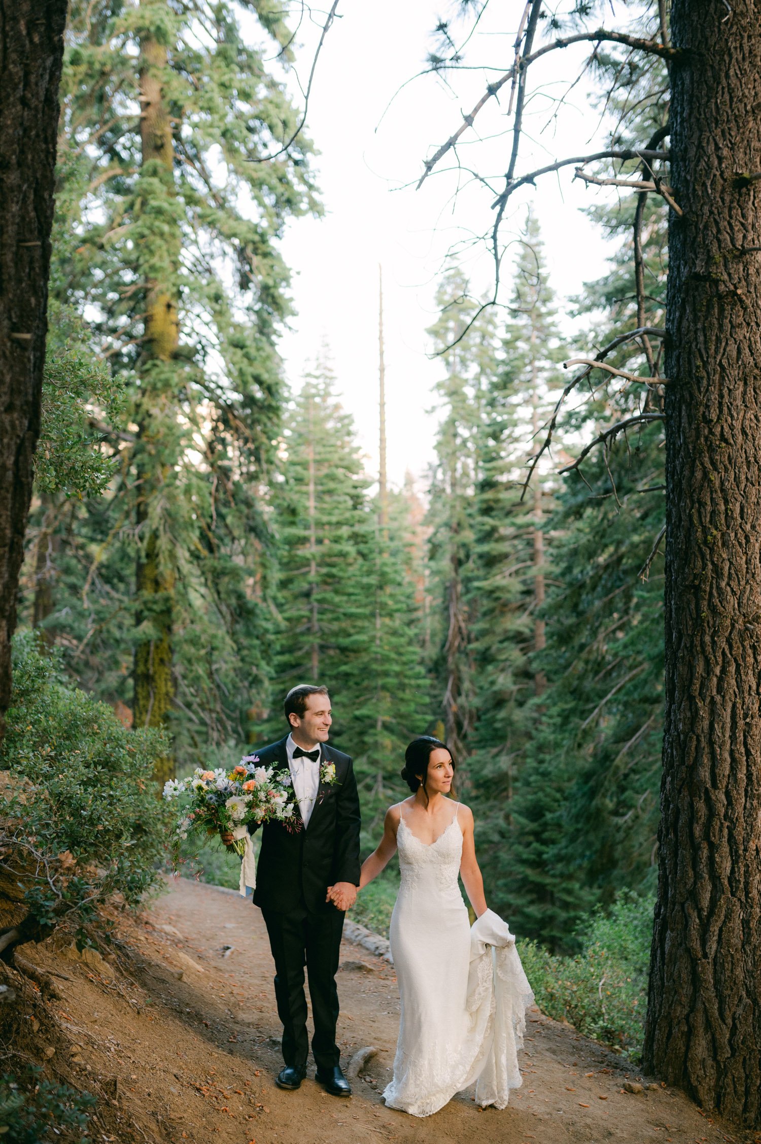 lake tahoe wedding, photo of the newly wed couple in the middle of the forest