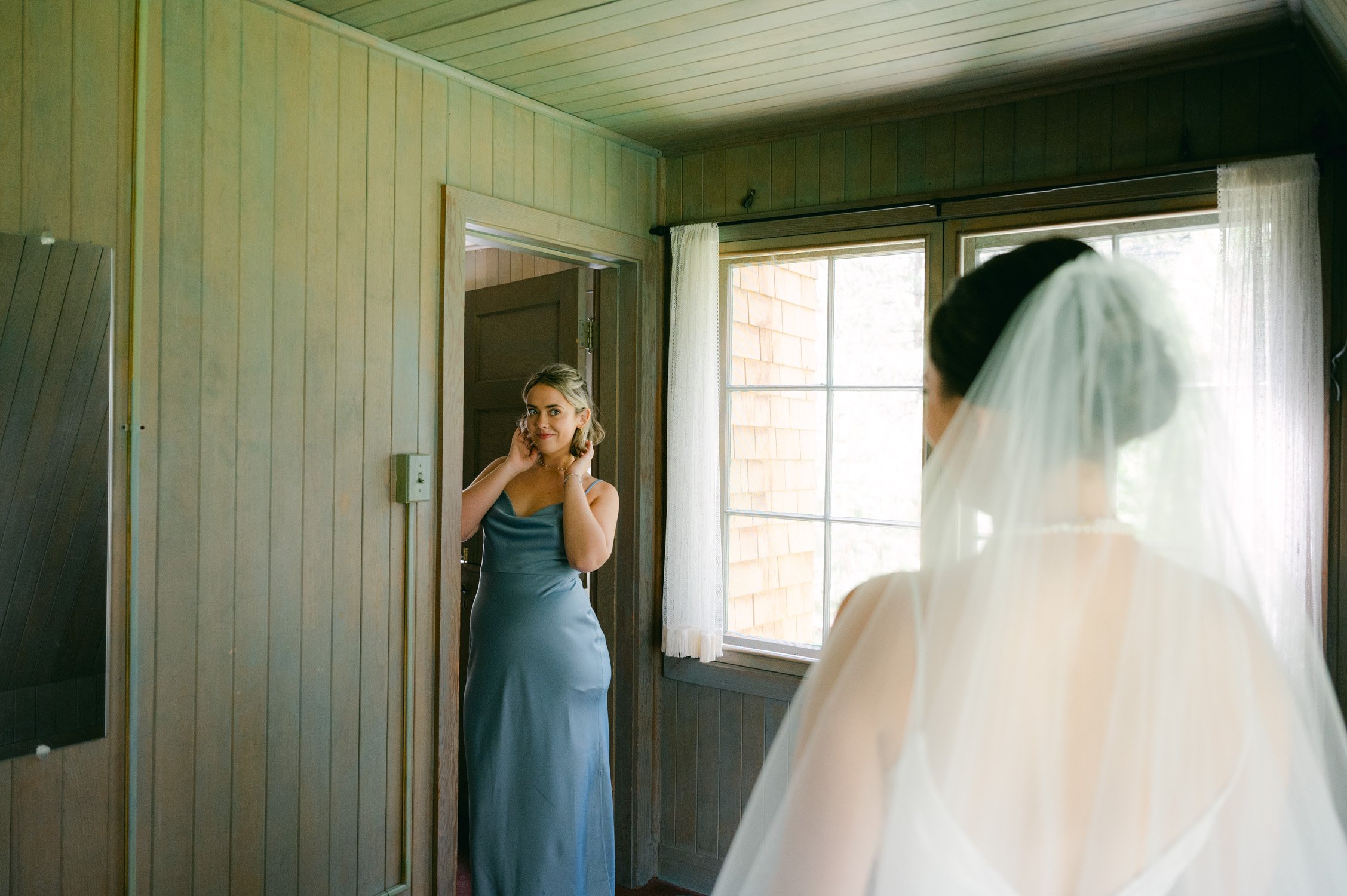 Valhalla Lake Tahoe wedding, photo of bride's first look with bridesmaids