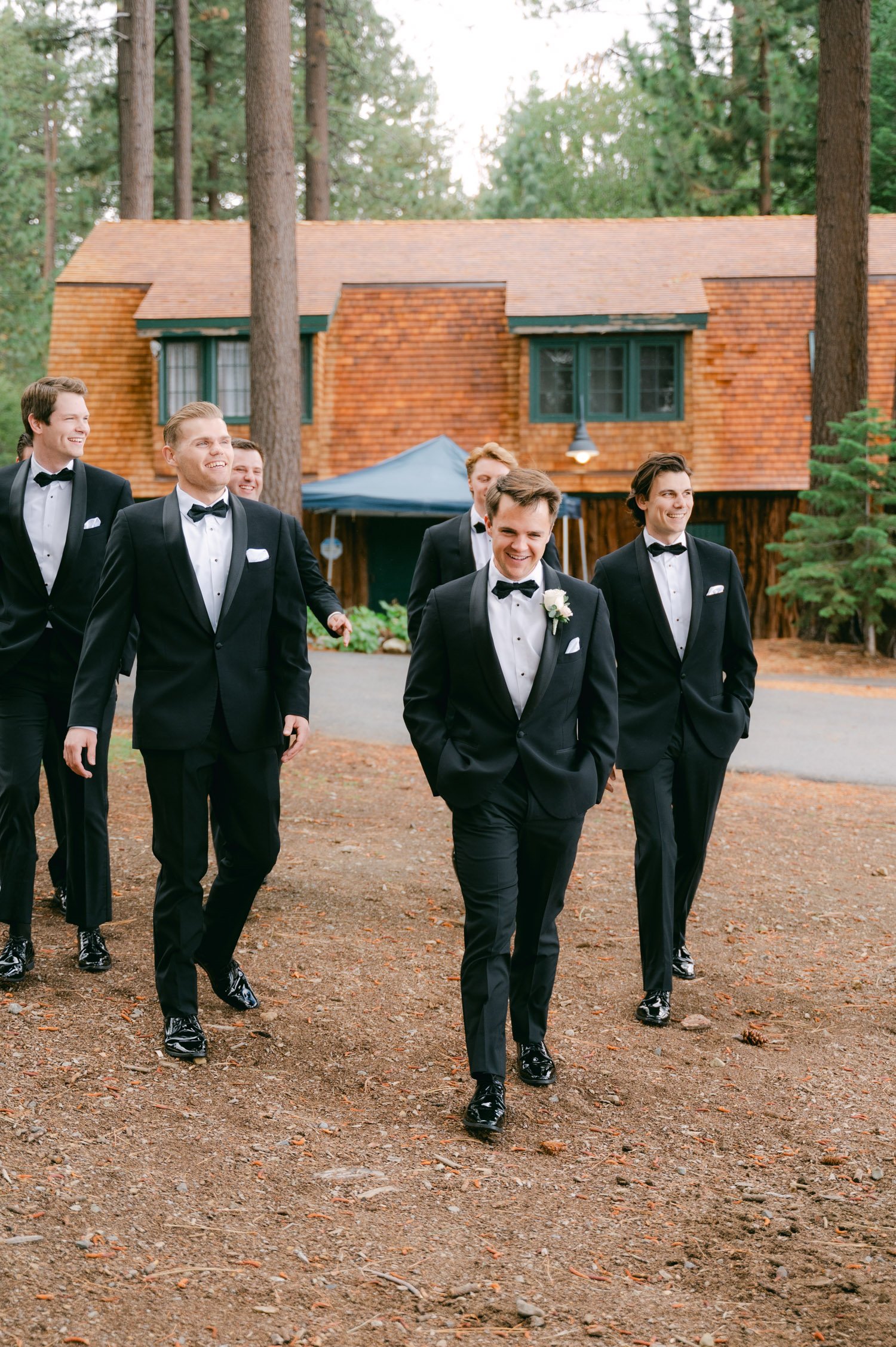 Valhalla Lake Tahoe wedding, photo of the groom and groomsmen walking