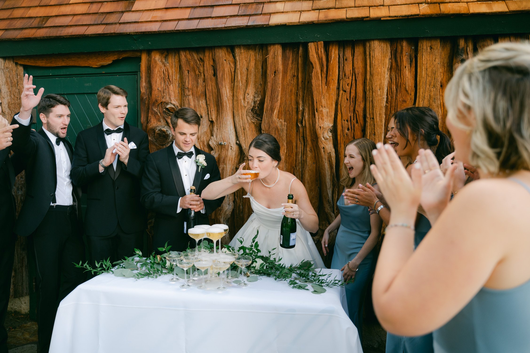 Valhalla Lake Tahoe wedding, photo of newly wed couple tasting the champagne