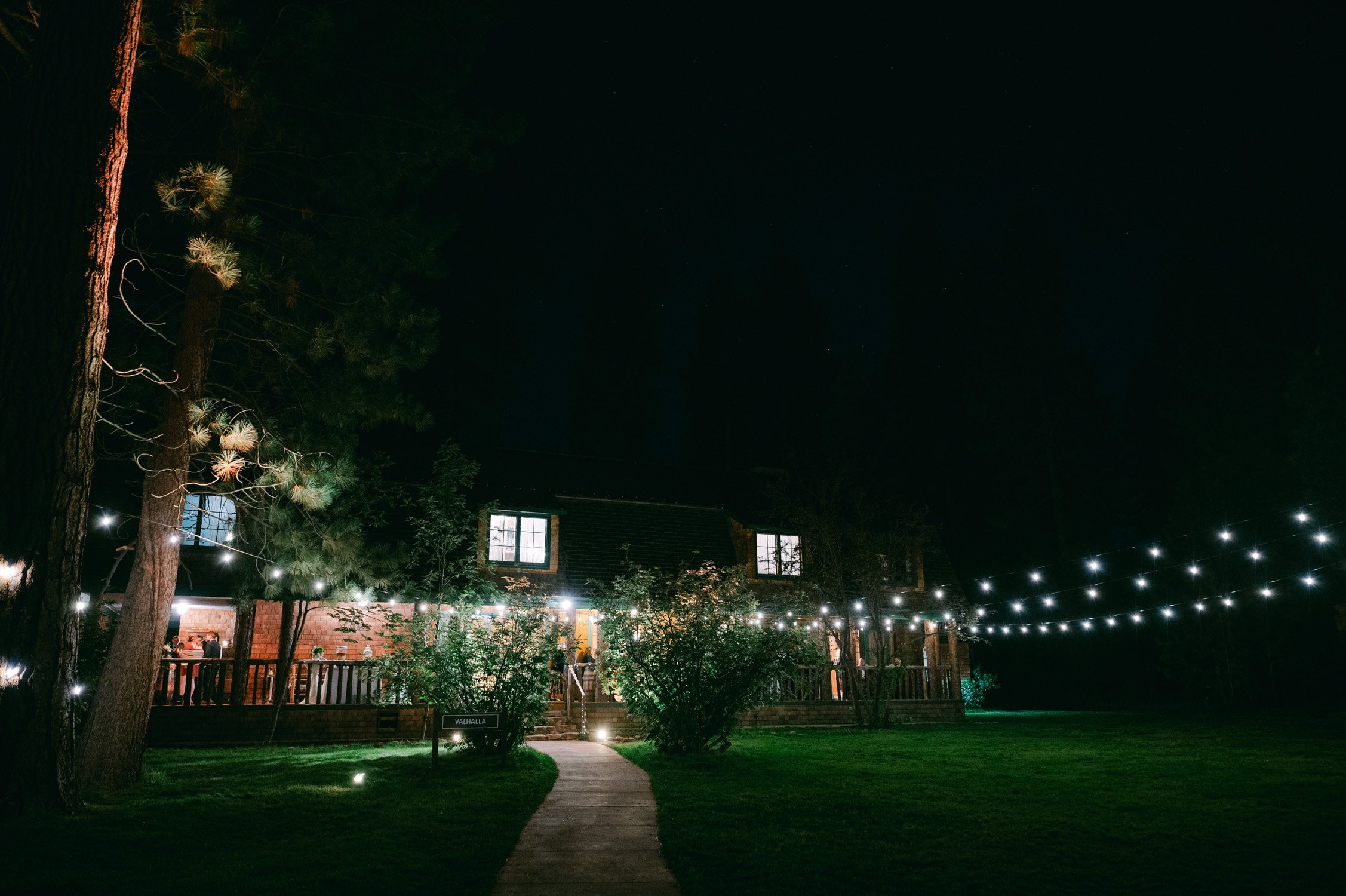 Valhalla Lake Tahoe wedding, photo of the wedding reception with twinkling lights