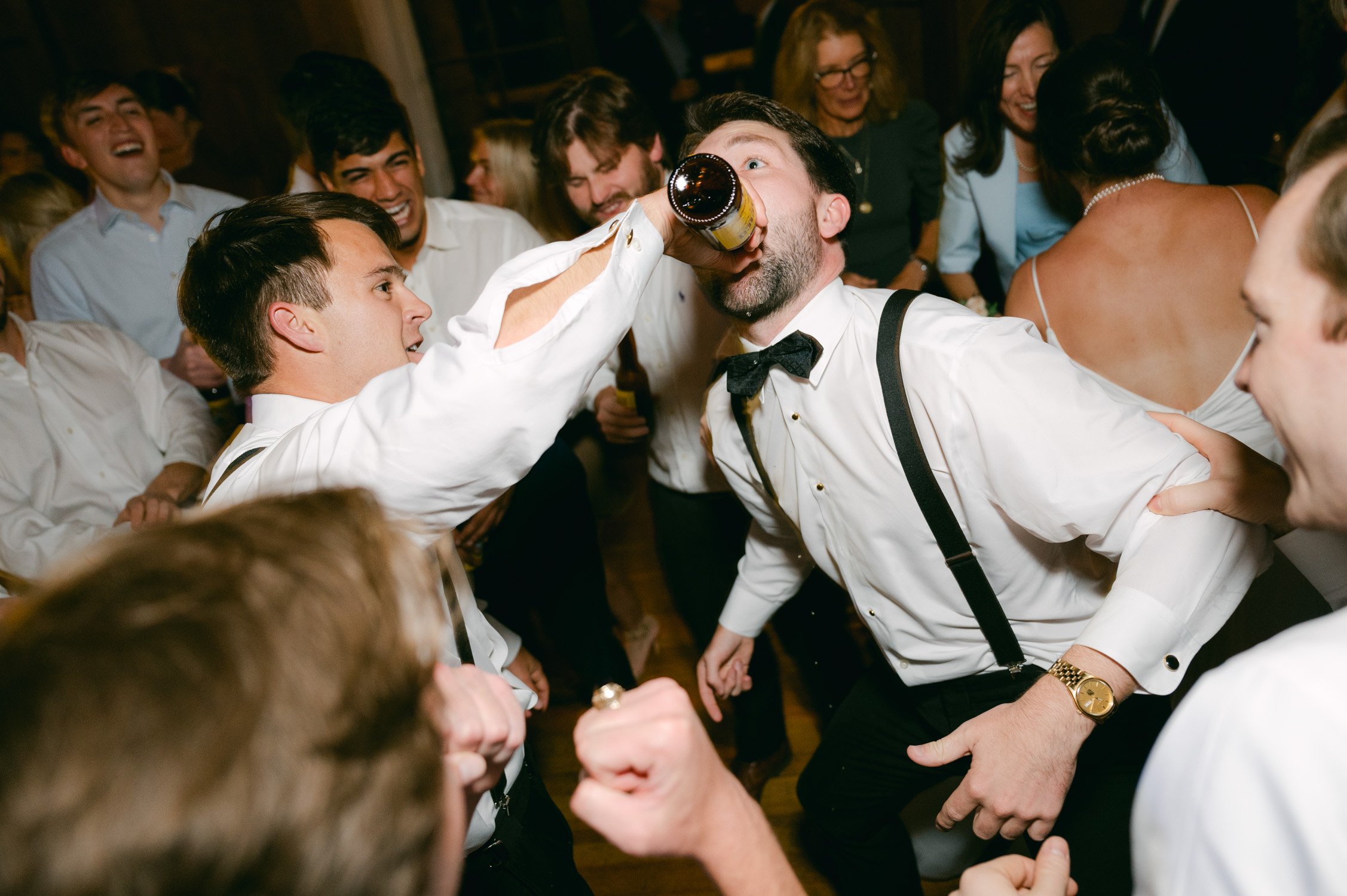 Valhalla Lake Tahoe wedding, photo of the guests drinking beer while dancing