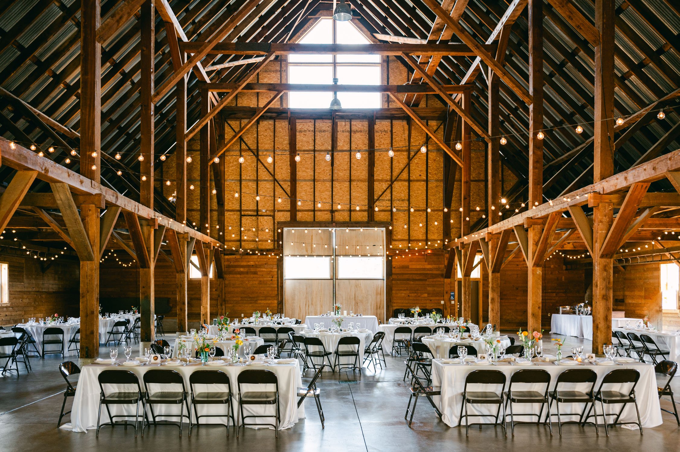 graeagle corner barn wedding, photo of the wedding reception with twinkle lights
