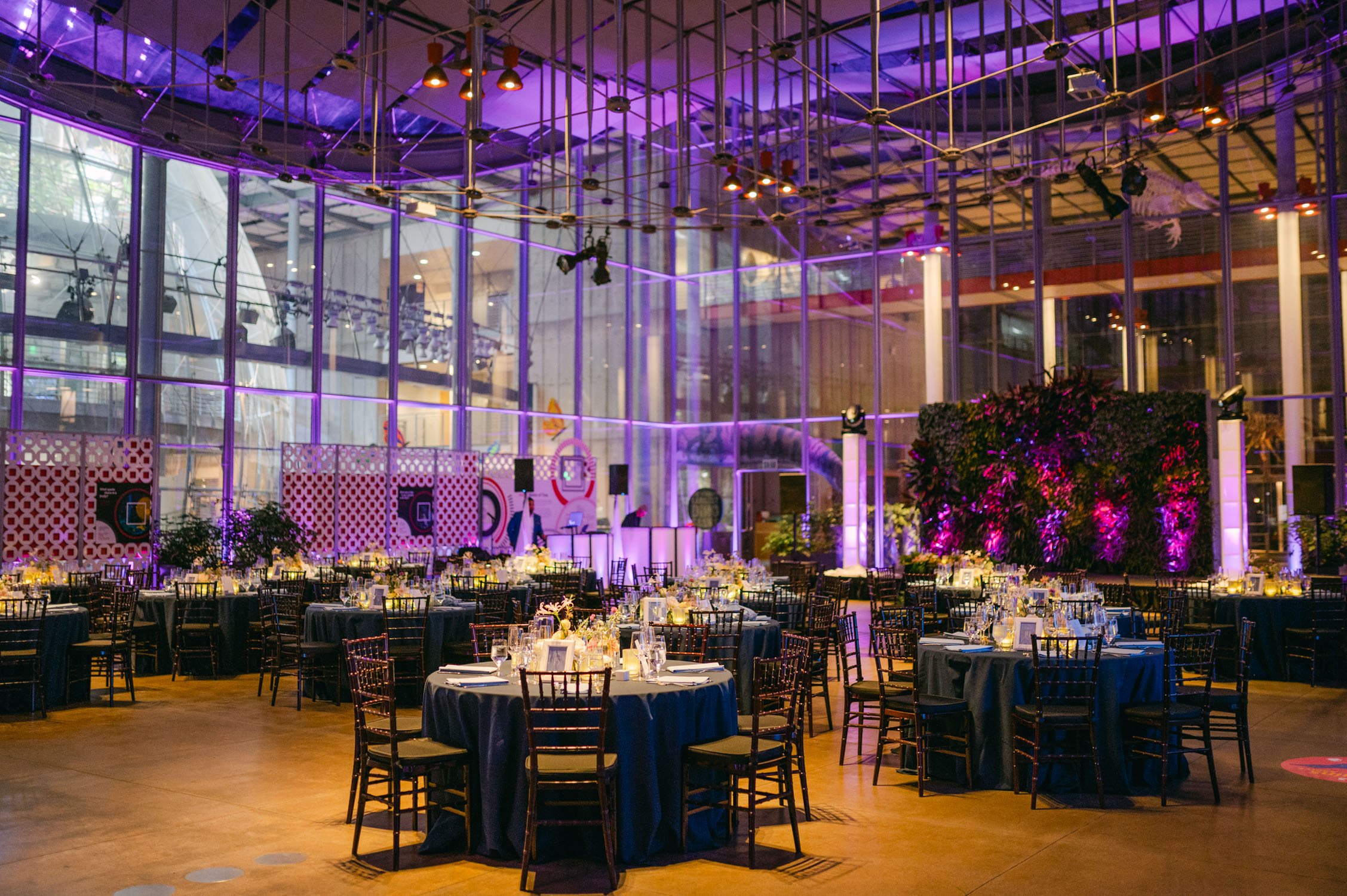 California academy of Sciences in San Francisco Wedding, photo of the wedding reception setup with ambient lighting