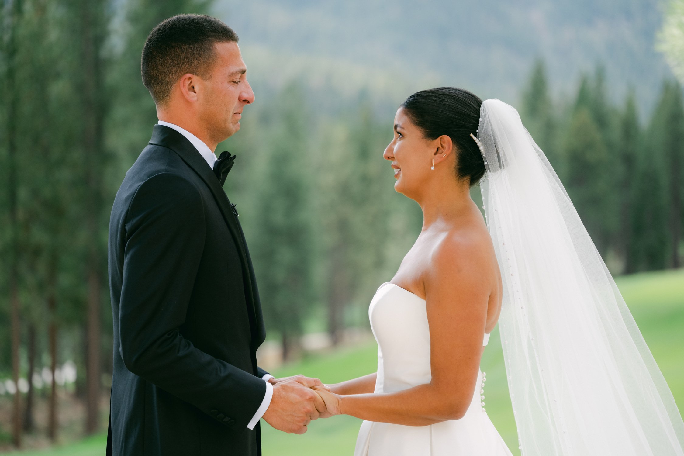 Martis Camp Wedding, photo of the couple being emotional during their first look