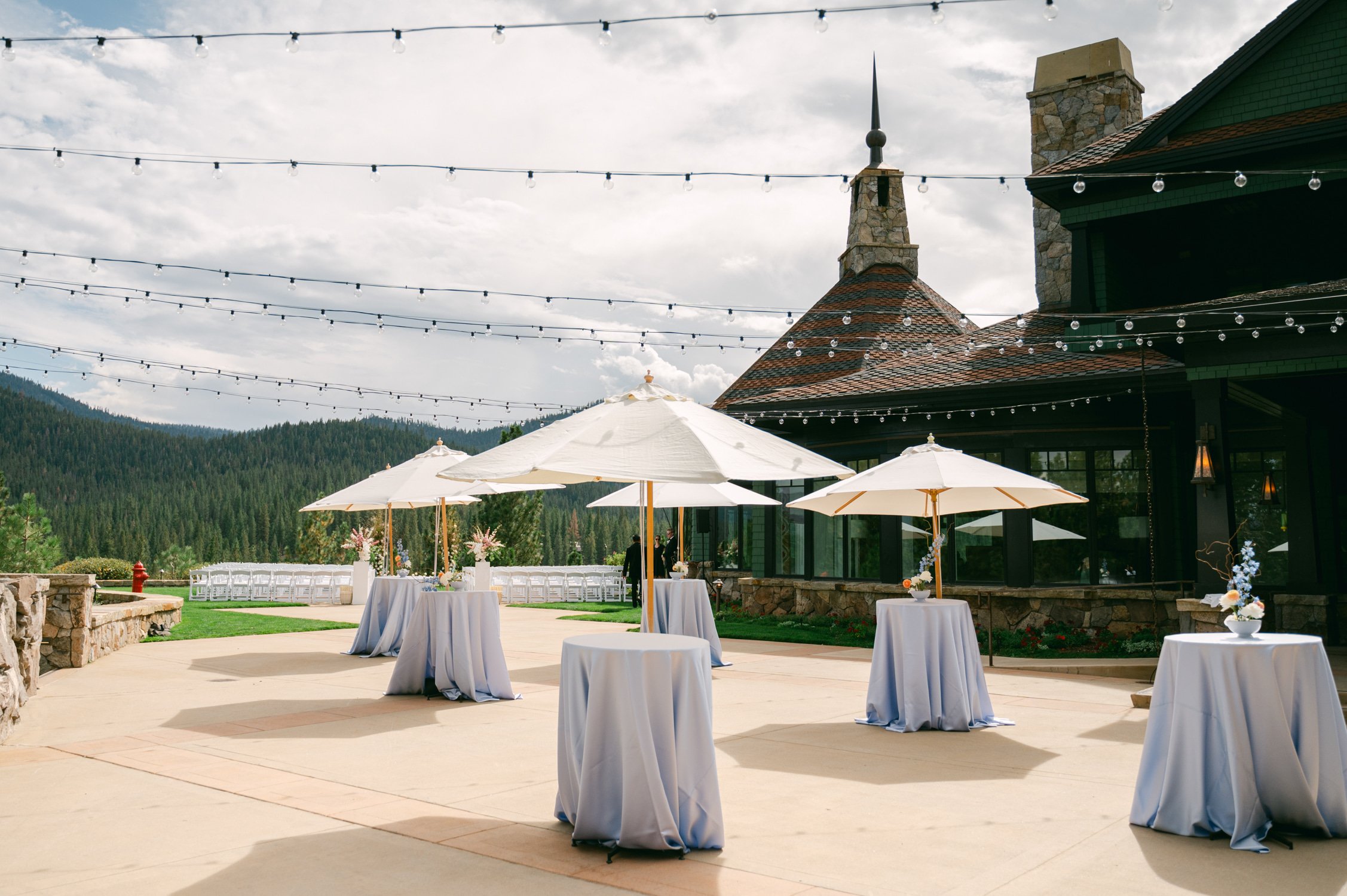 Martis Camp Wedding, photo of outdoor blue cocktail wedding setup