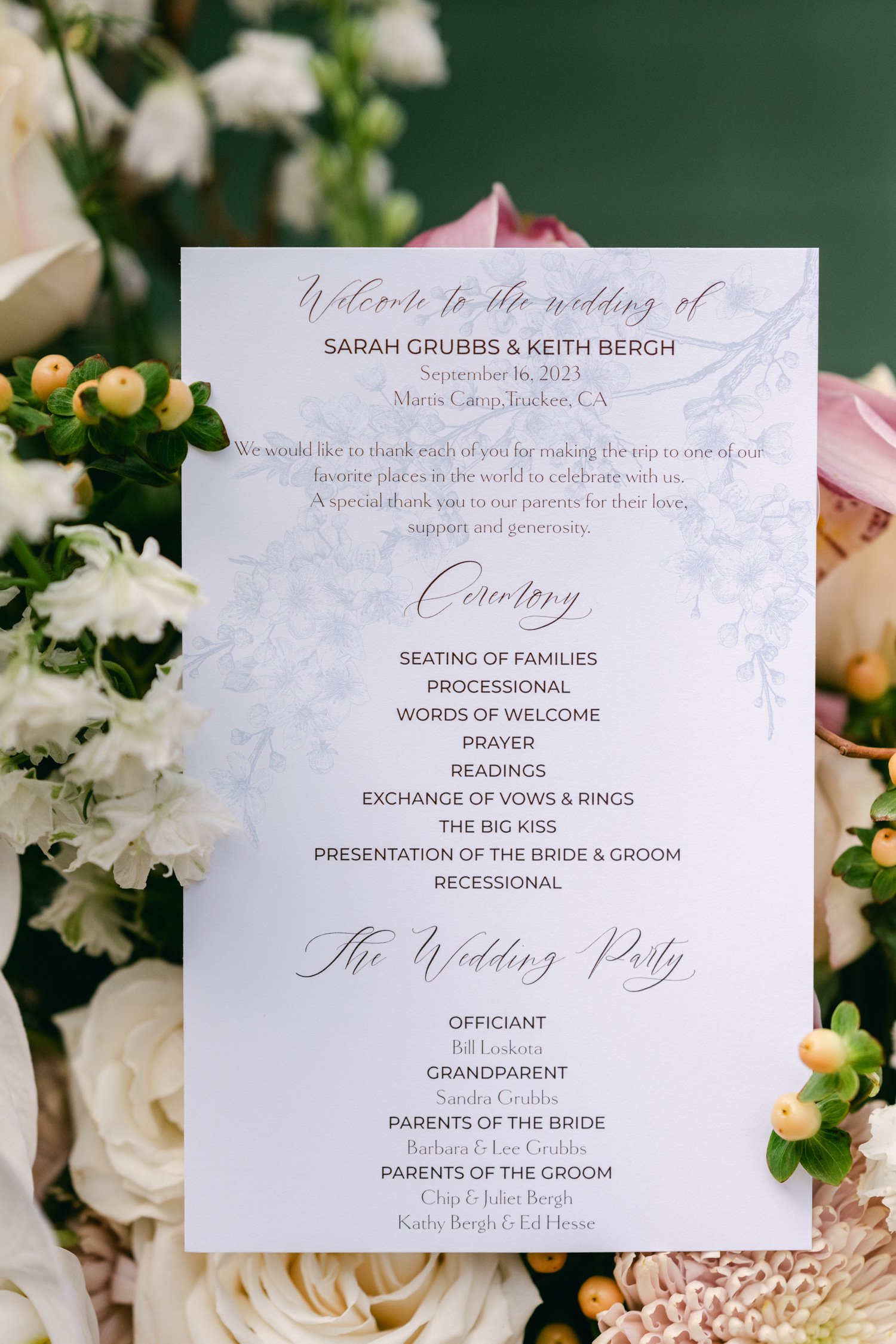 Martis Camp Wedding, photo of minimalist wedding signage with flower background