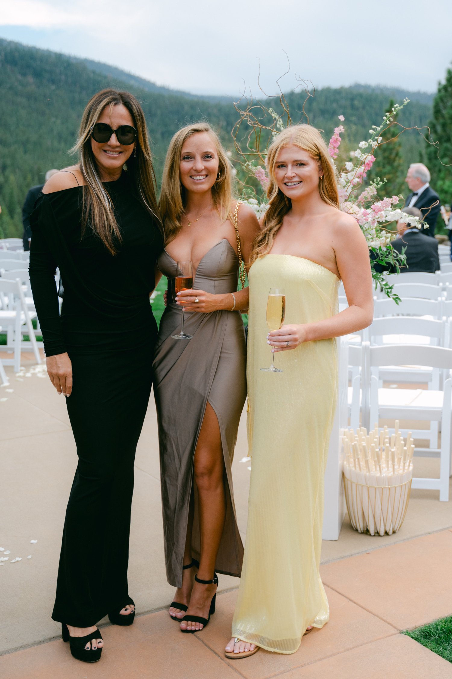 Martis Camp Wedding, photo of the female guests enjoying a drink before ceremony
