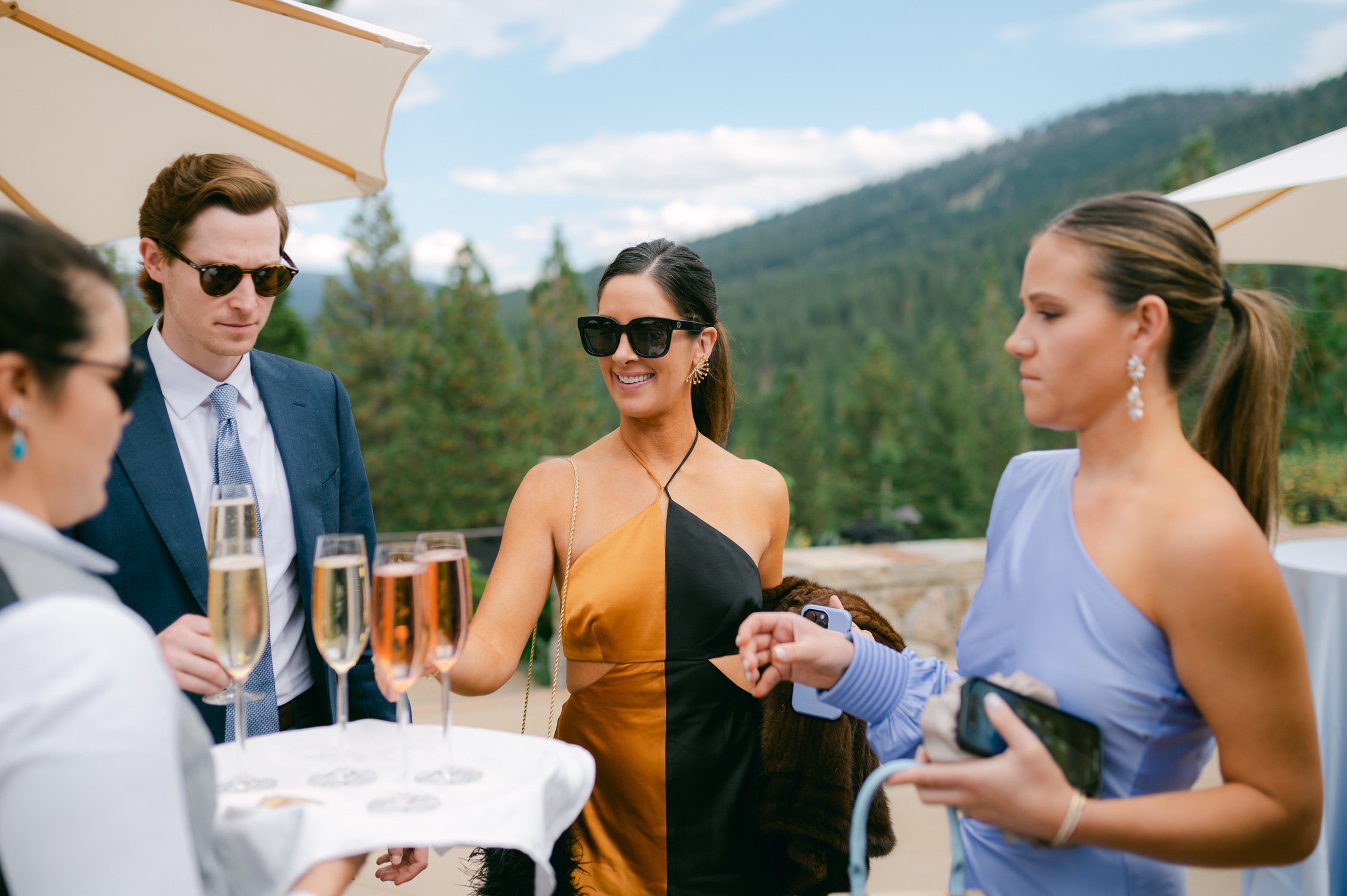 Martis Camp Wedding, photo of the wedding guests enjoying the welcome drinks
