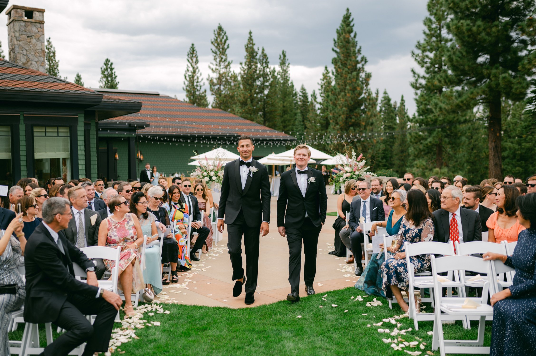 Martis Camp Wedding, photo of the groomsmen walking down the aisle