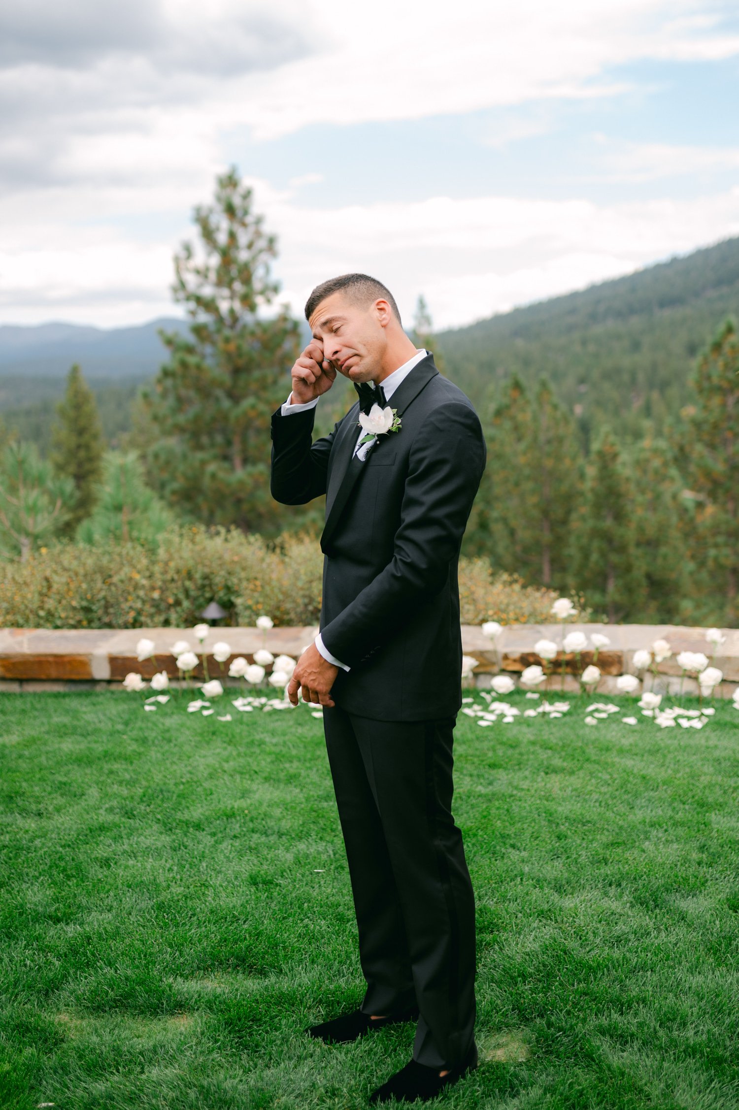 Martis Camp Wedding, photo of the groom being emotional while seeing the bride