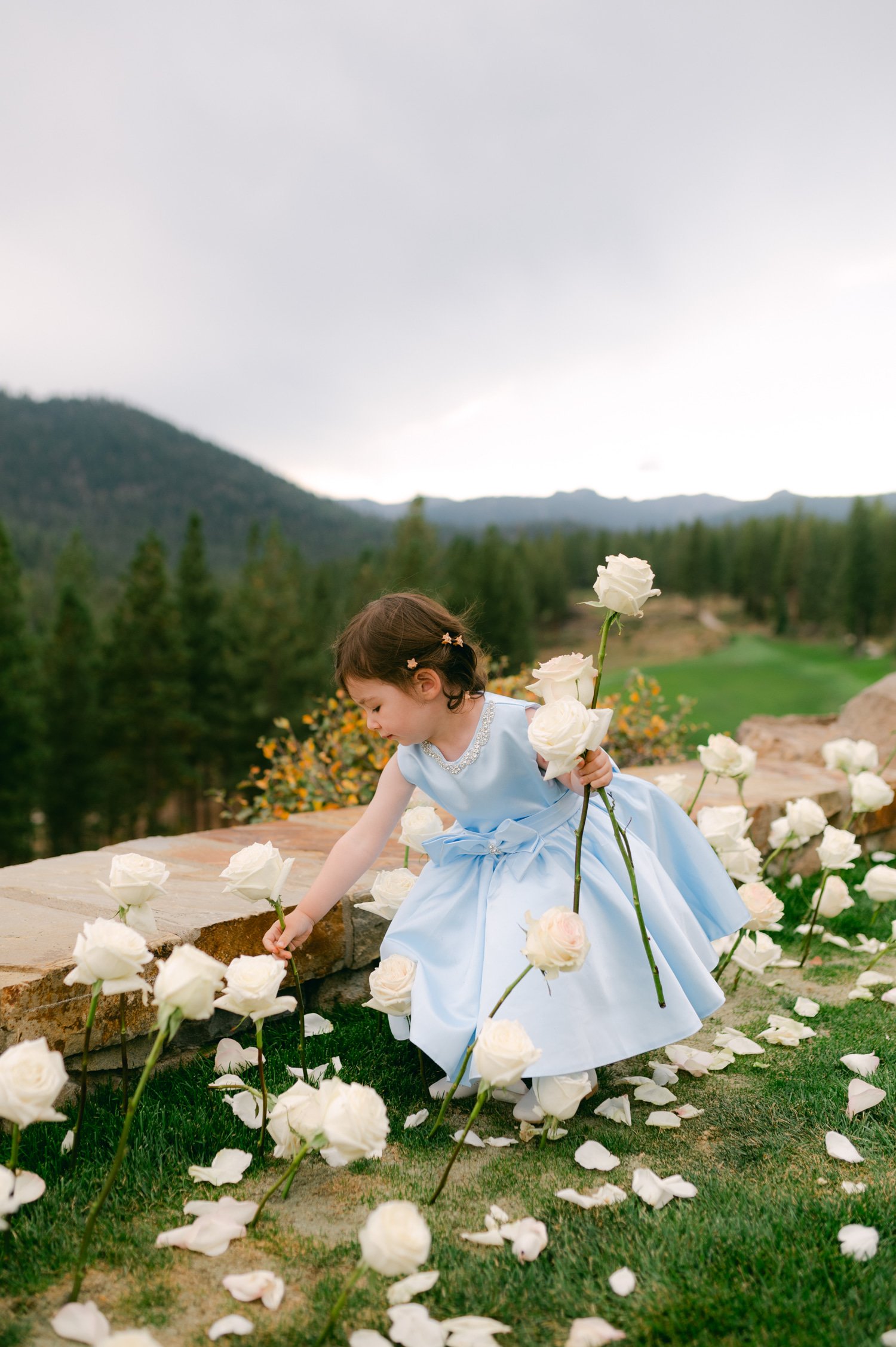 Martis Camp Wedding, photo of the flower girl wearing blue dress picking flowers