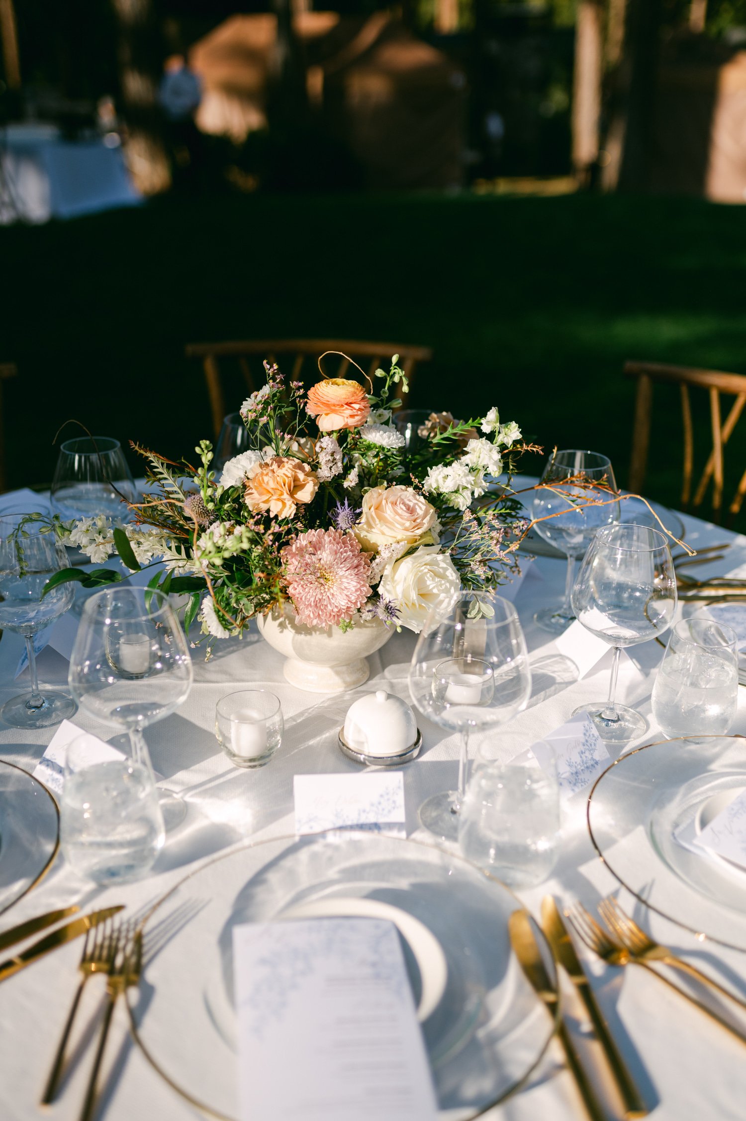 Martis Camp Wedding, photo of the simple floral setup for wedding reception