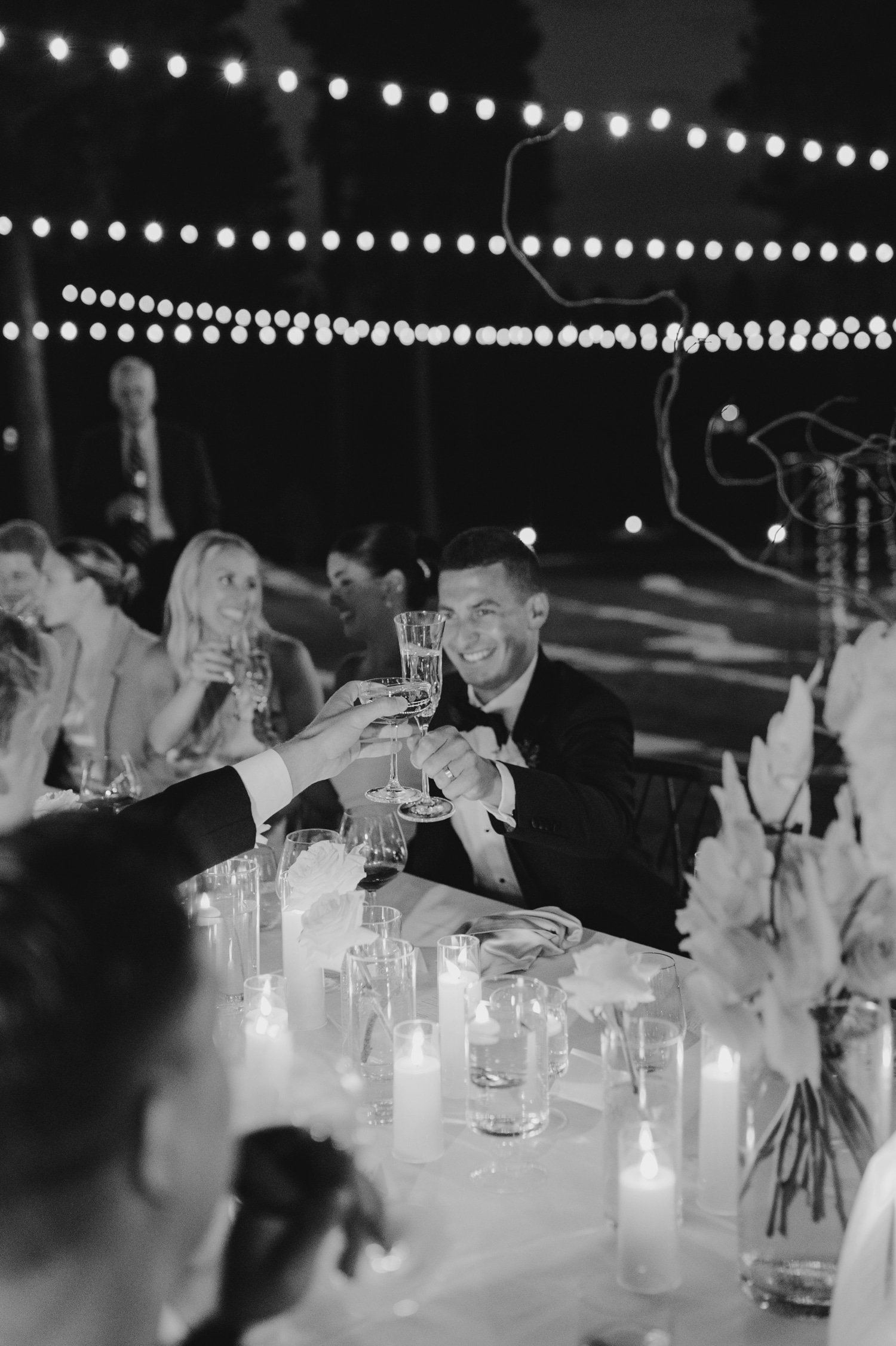 Martis Camp Wedding, photo of groom doing a toast with the guests