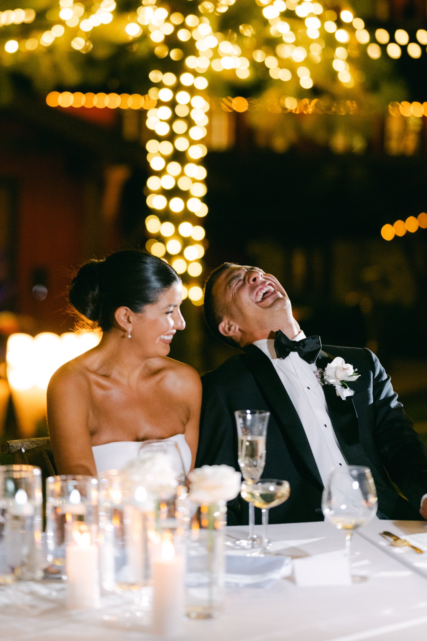 Martis Camp Wedding, photo of the couple laughing during the speeches