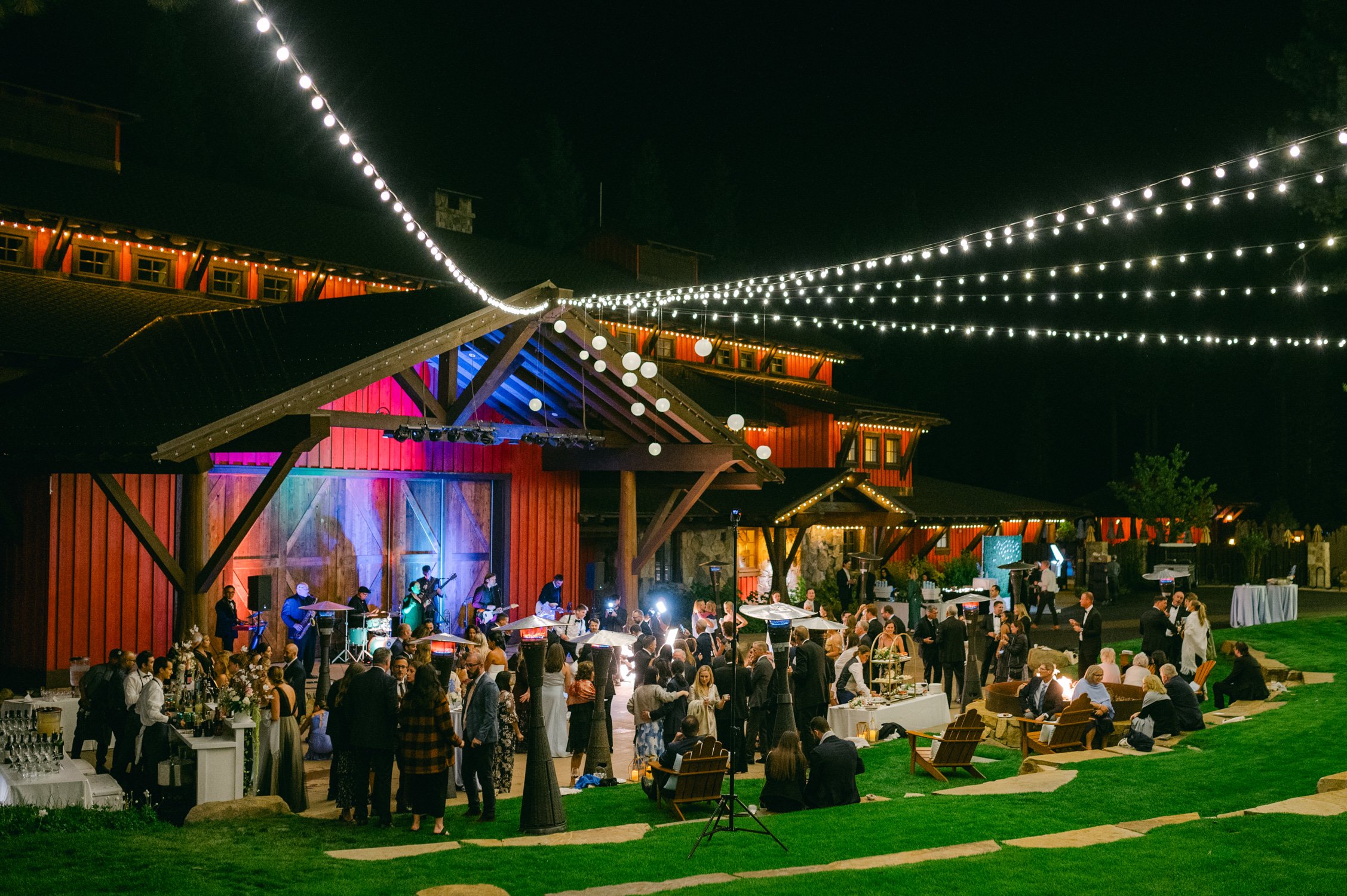 Martis Camp Wedding, photo of the outdoor wedding reception under twinkling lights