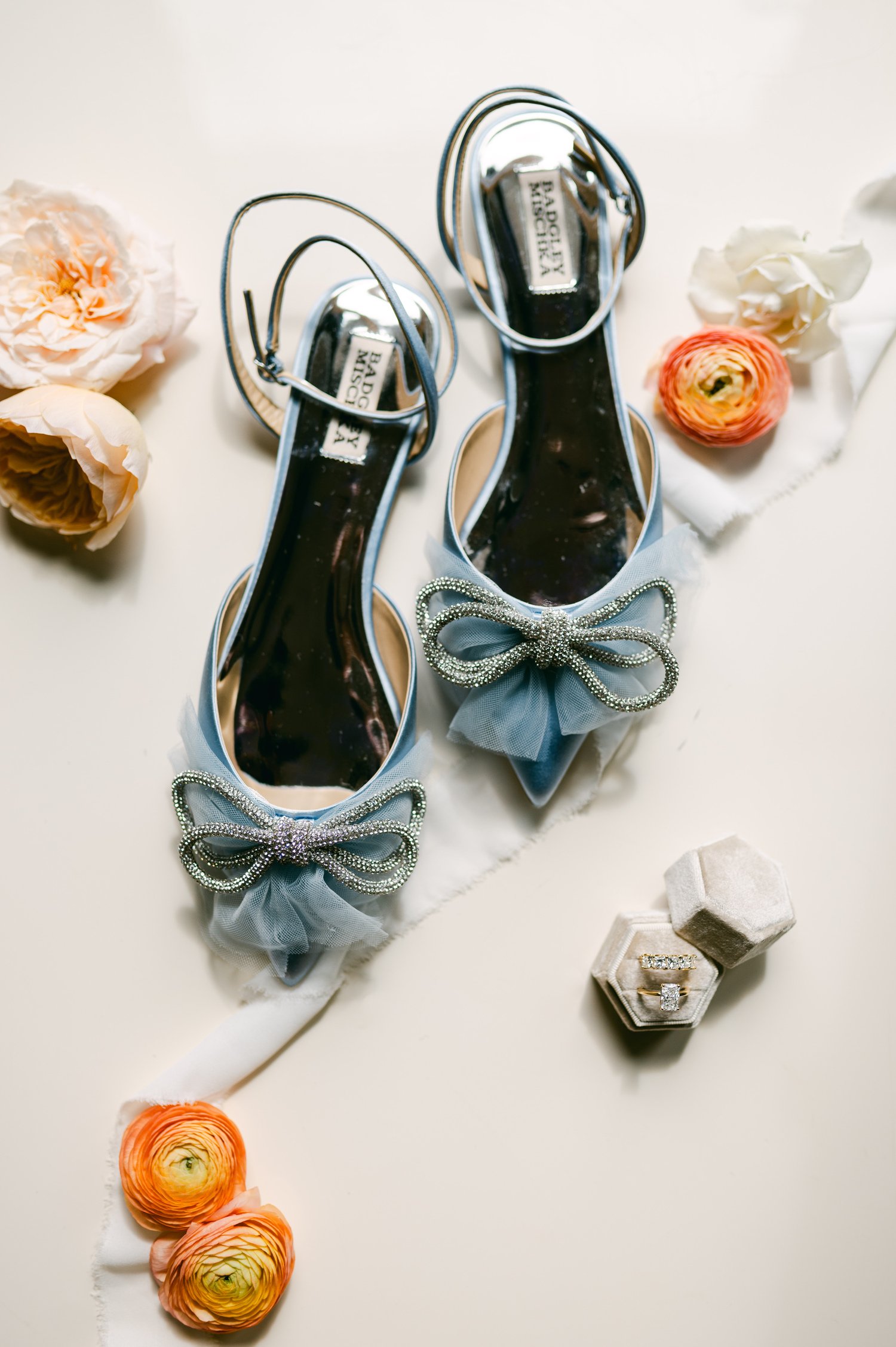 Elm Estate Wedding photos, photo of the bride’s blue wedding shoes with bow details