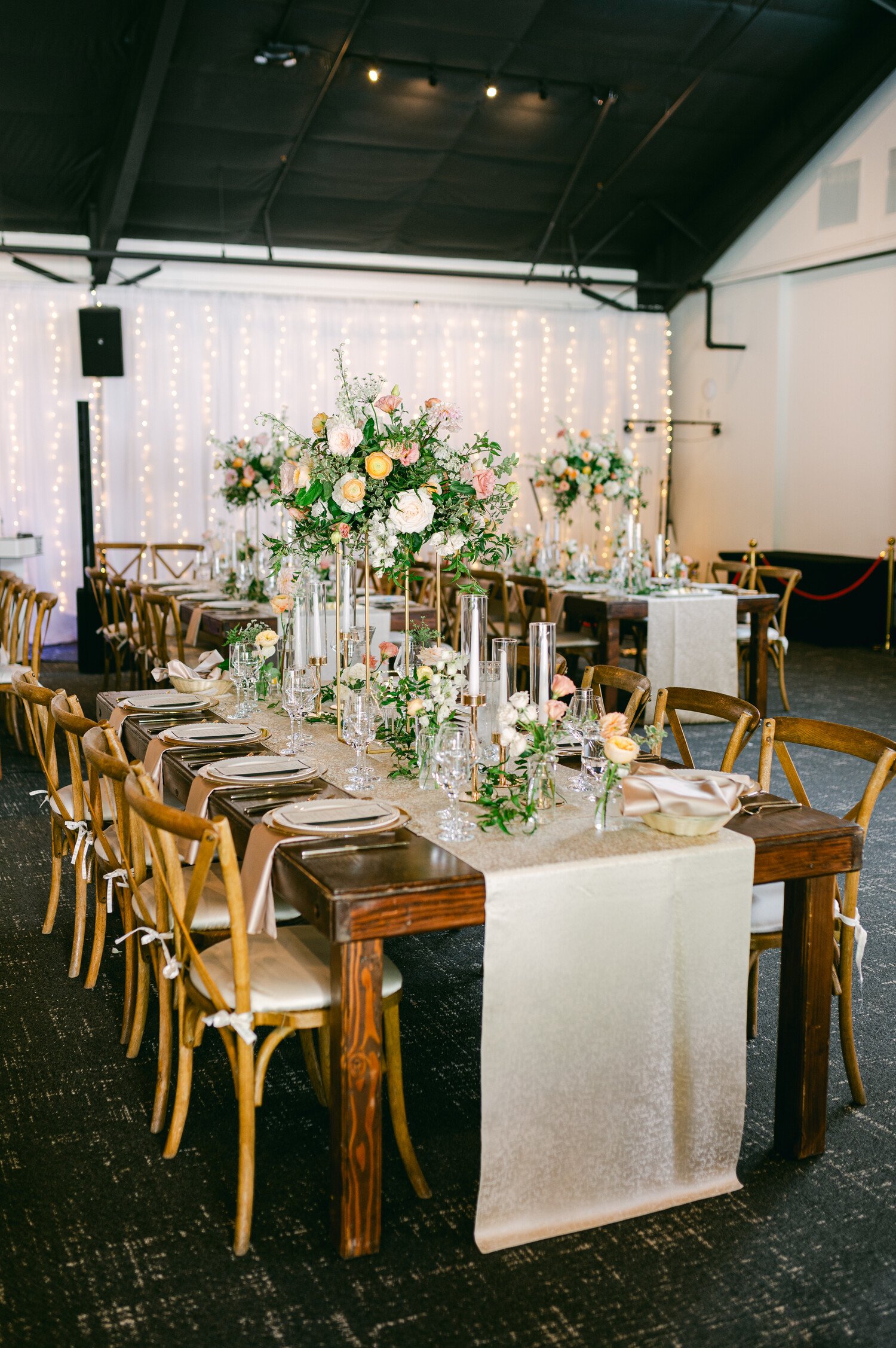 Elm Estate Wedding photos, photo of the wedding reception table set up with ethereal flowers