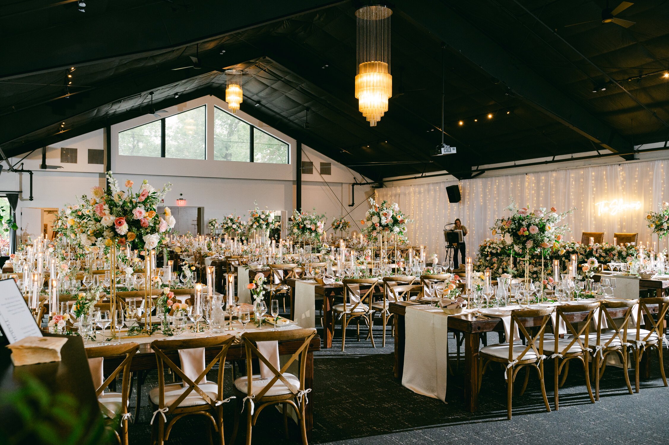 Elm Estate Wedding photos, photo of the indoor wedding reception with big floral decorations