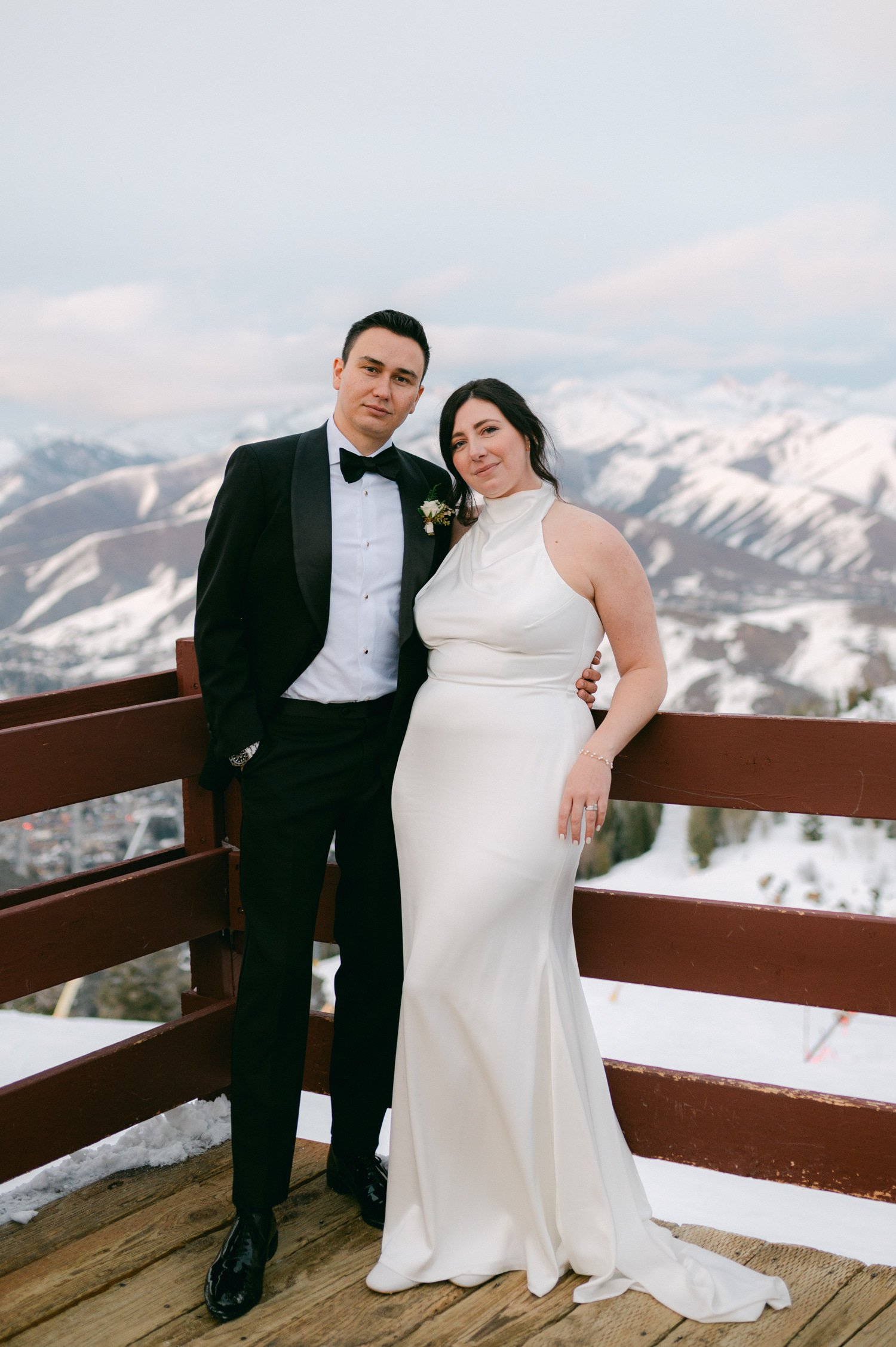 Sun Valley Roundhouse Wedding photo of the newlywed couple with mountains in the background