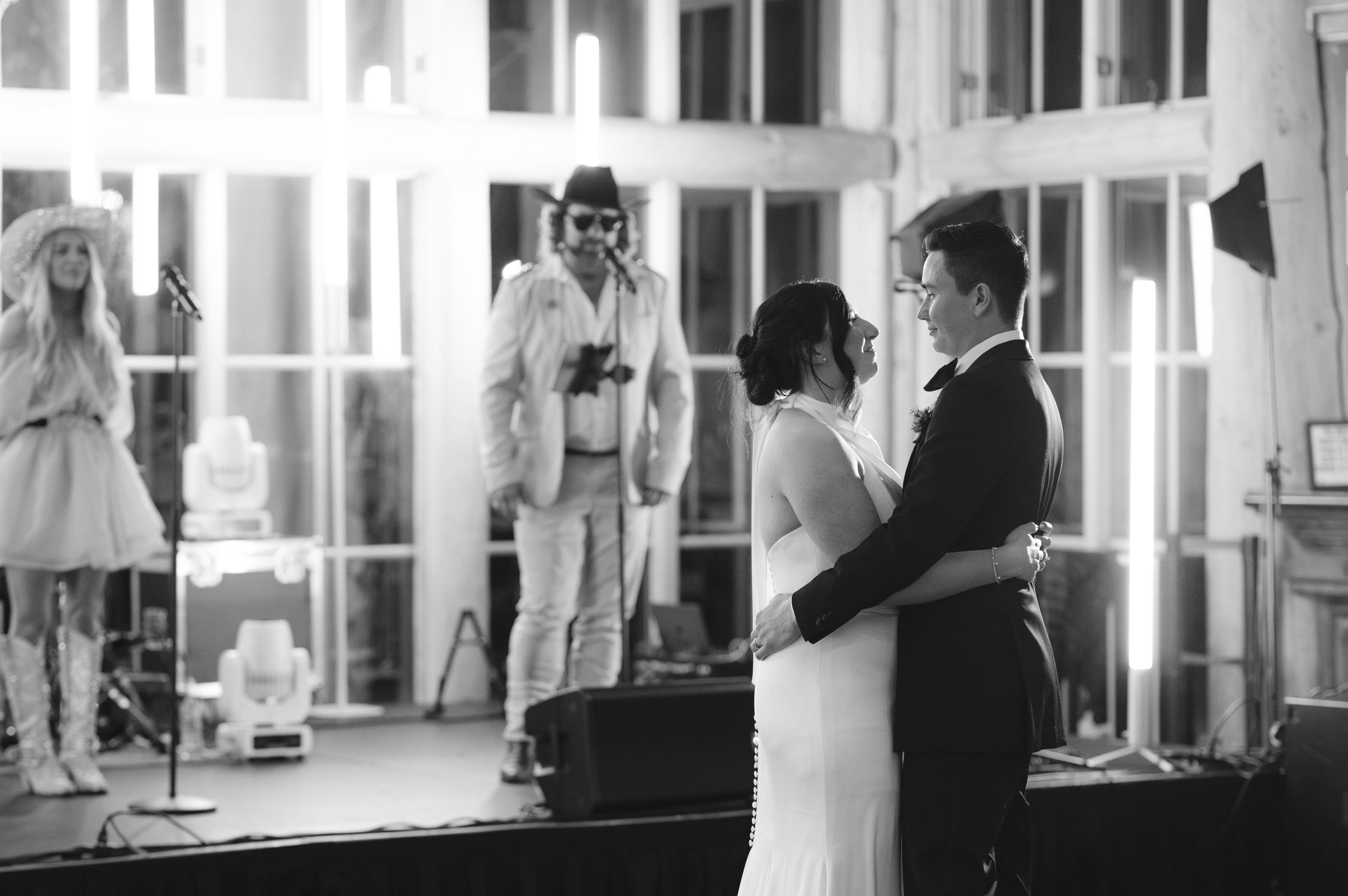 Sun Valley Roundhouse Wedding photo of the newlywed couple looking at each other during their first dance