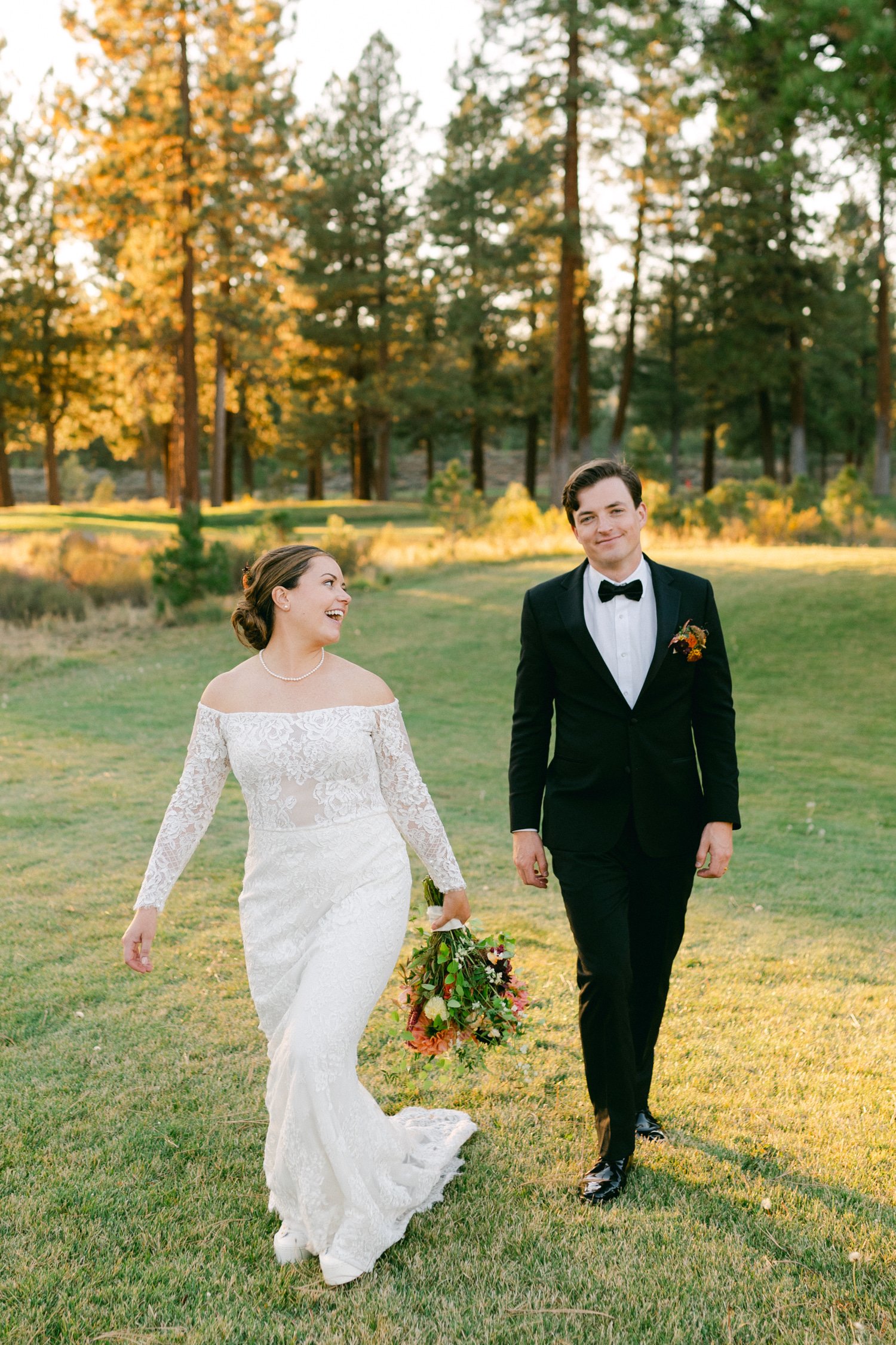 The Timbers Old Greenwood wedding, photo of the bride and groom walking