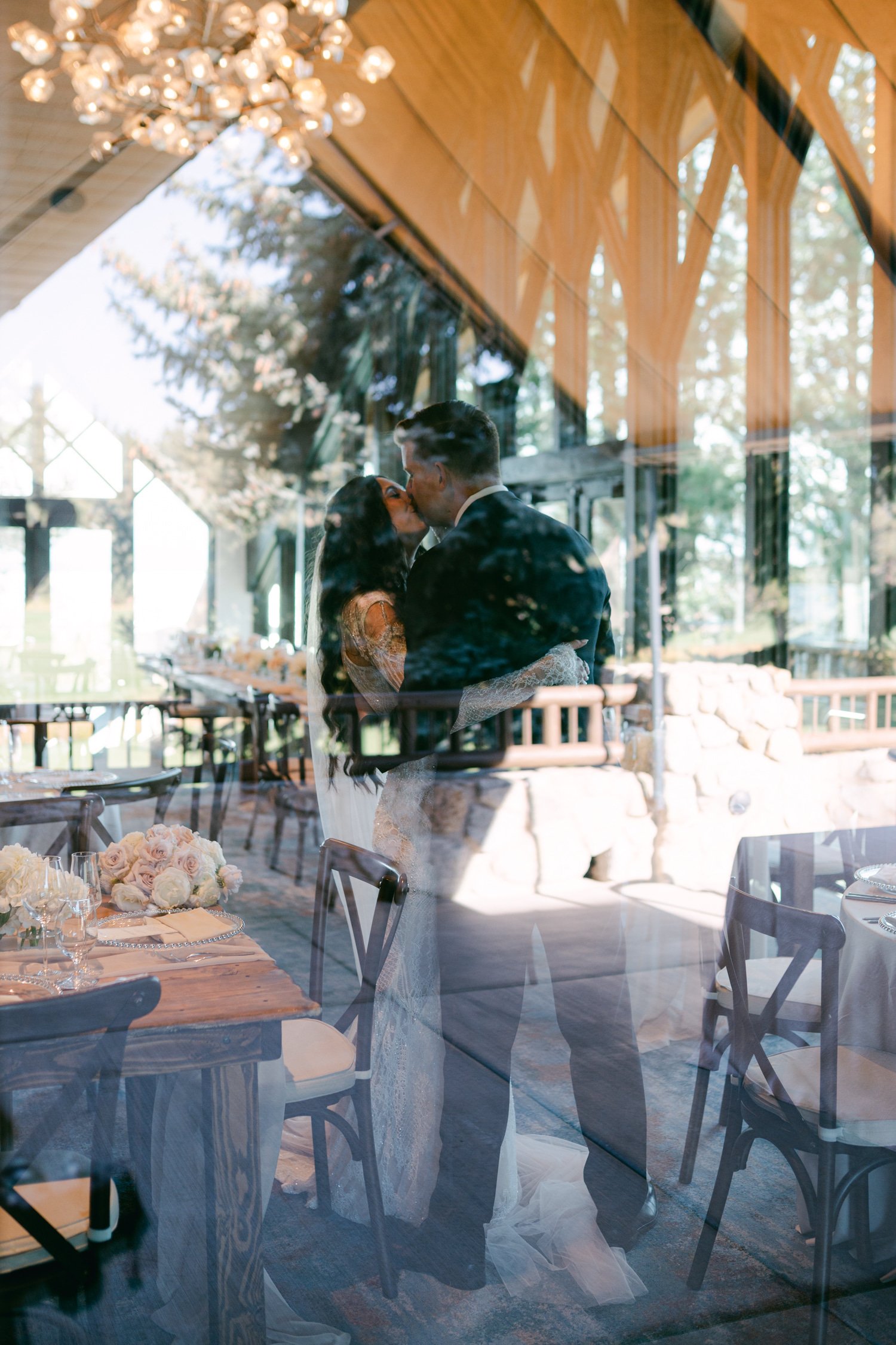 Edgewood Lake Tahoe wedding, photo of the bride and groom in their indoor reception setup