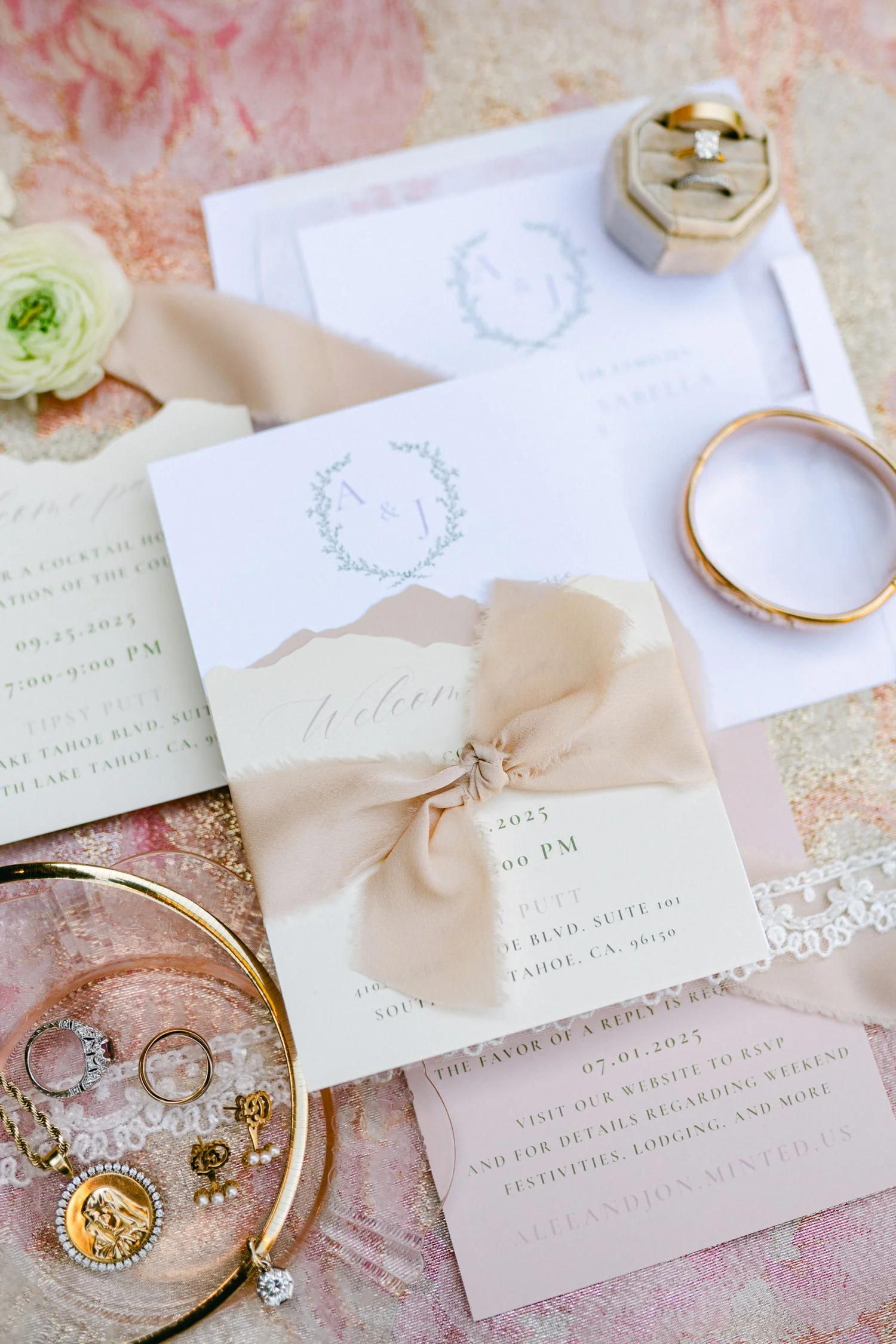 Edgewood Lake Tahoe wedding, photo of romantic pink wedding invitations styled with pink bows