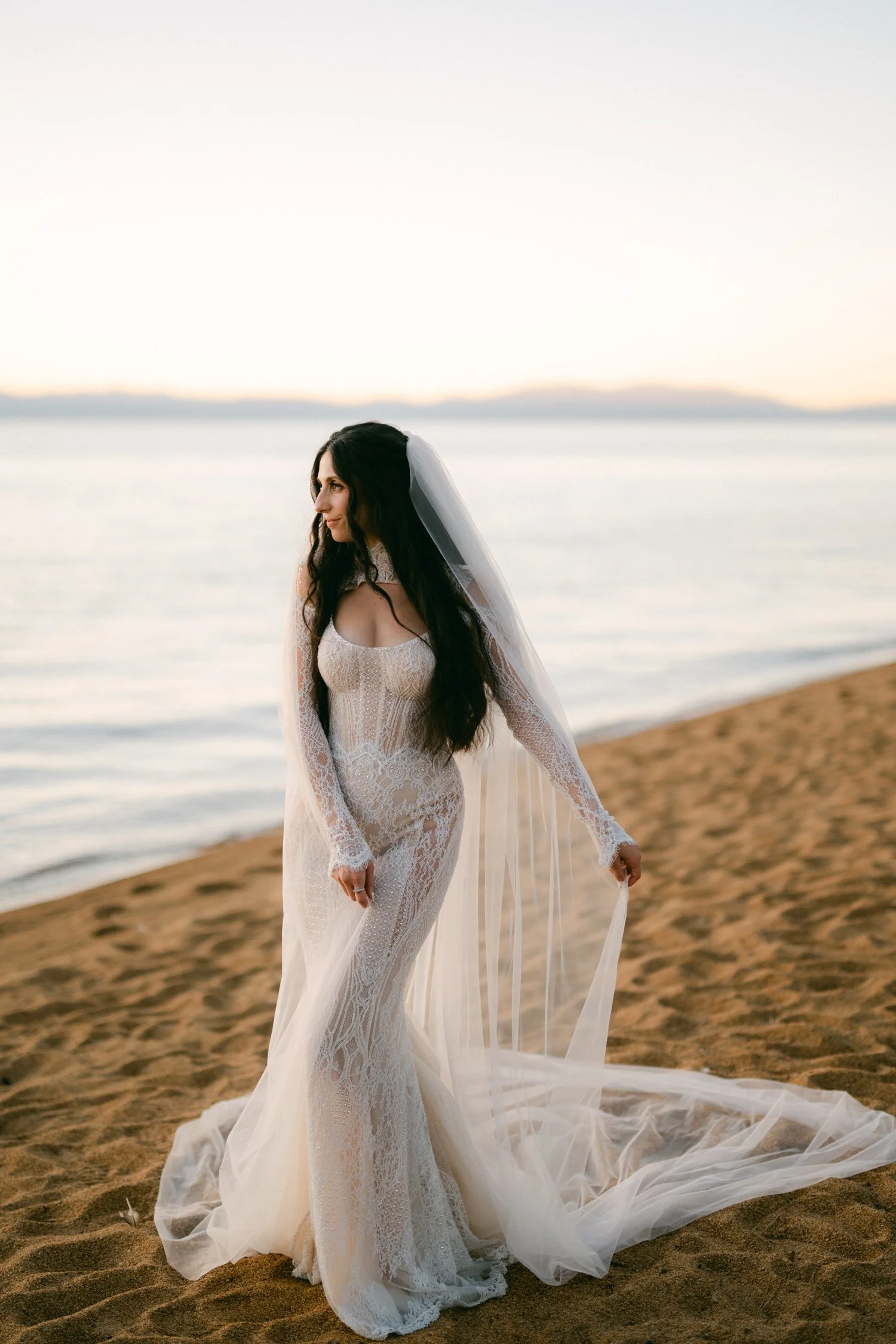 Edgewood Lake Tahoe wedding, photo of the bride in her glamorous lace and beaded wedding dress