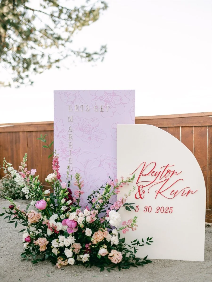 Beach Retreat &amp; Lodge at Tahoe wedding, photo of a personalized wedding welcome sign styled with florals and a modern arch design