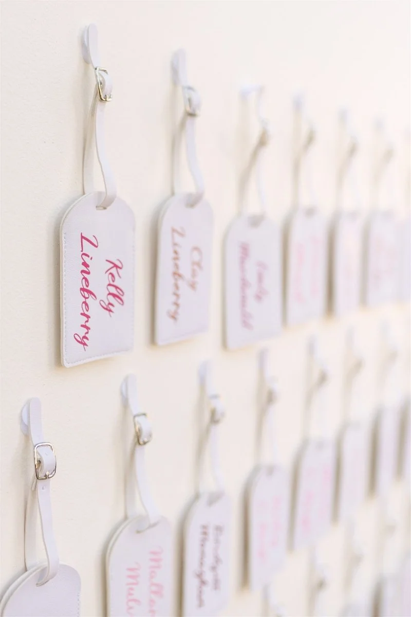 Beach Retreat &amp; Lodge at Tahoe wedding, photo of a creative wedding seating chart styled as personalized bag tags