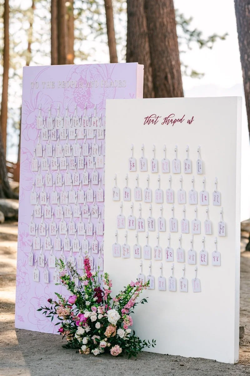 Beach Retreat &amp; Lodge at Tahoe wedding, photo of a unique seating chart designed in soft white and pink tones