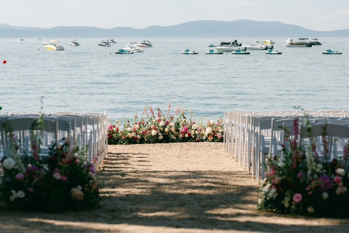 Beach Retreat &amp; Lodge at Tahoe wedding, photo of the beachside wedding ceremony setup overlooking the beach