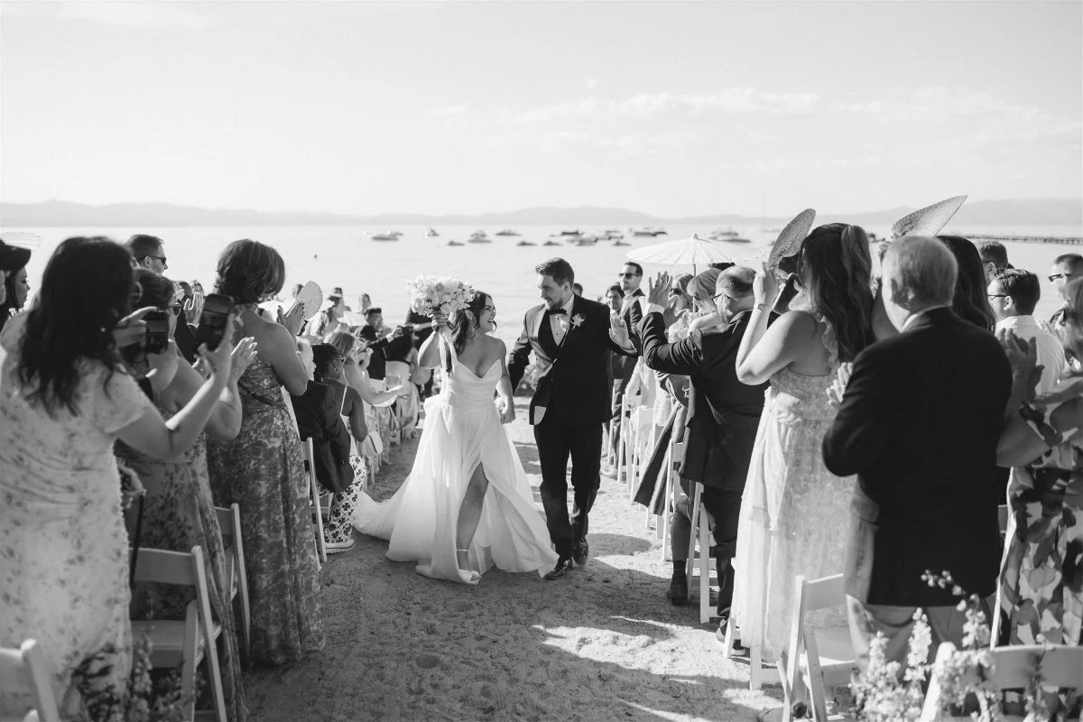 Beach Retreat &amp; Lodge at Tahoe wedding, photo of the outdoor wedding ceremony set against the lakefront