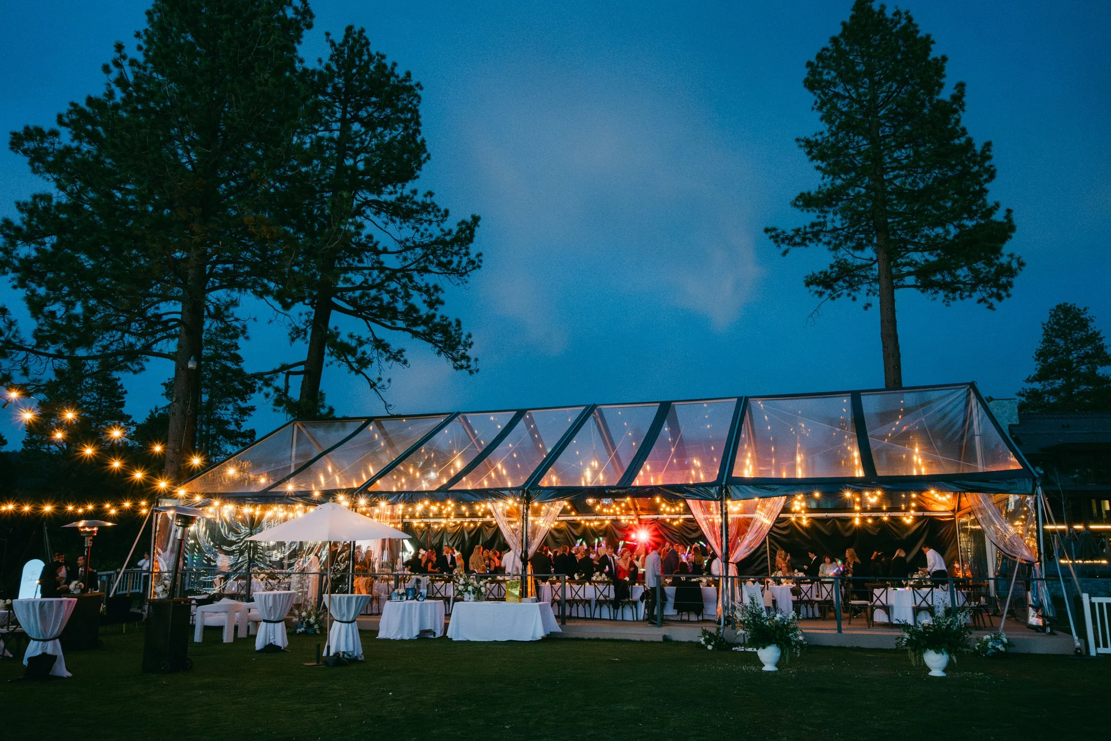 Romantic Edgewood Wedding, photo of the elegant evening reception under twinkle lights at Edgewood Tahoe 
